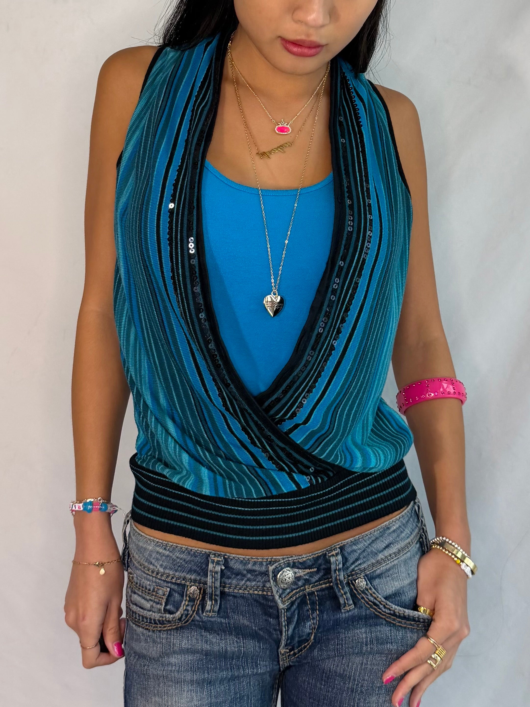 vintage blue sequin low neck top ˚˖𓍢ִ໋❀