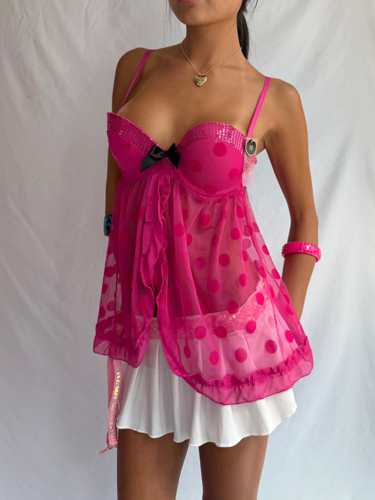 Vintage pink polka dot babydoll cami top