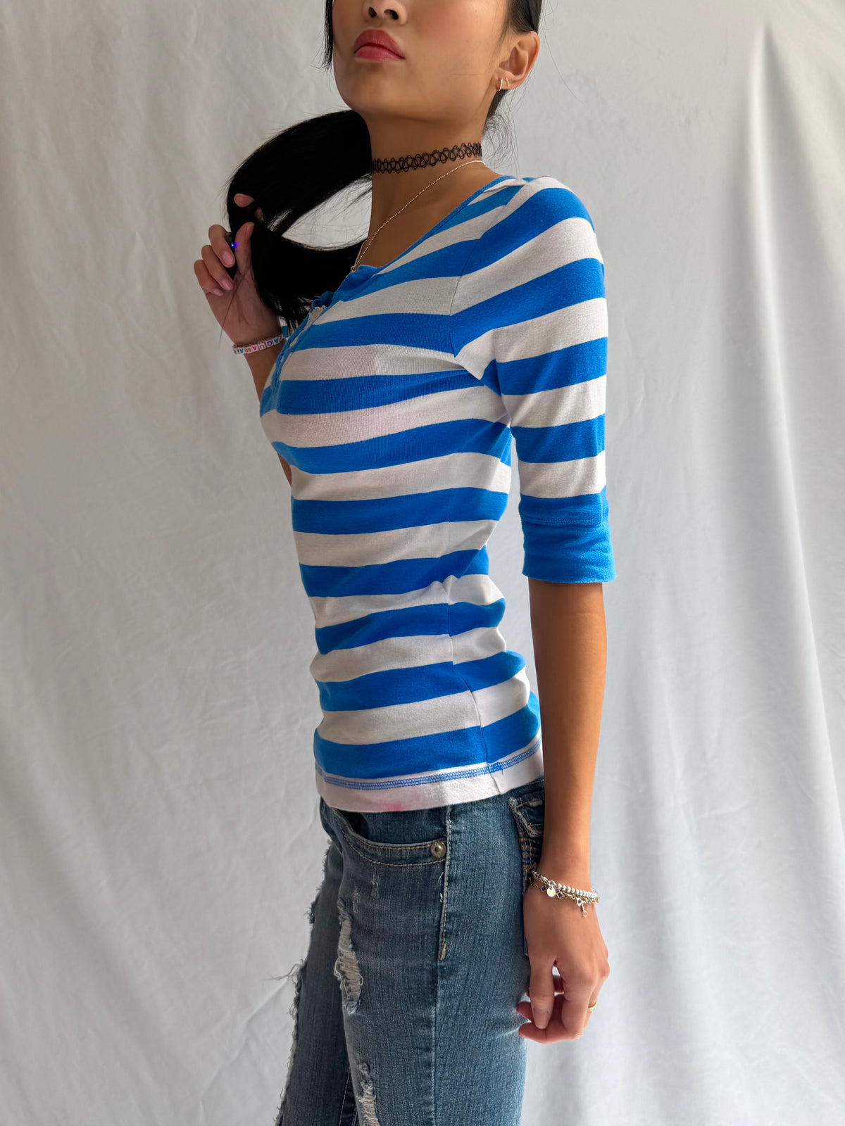 Vintage blue striped v neck long sleeve top