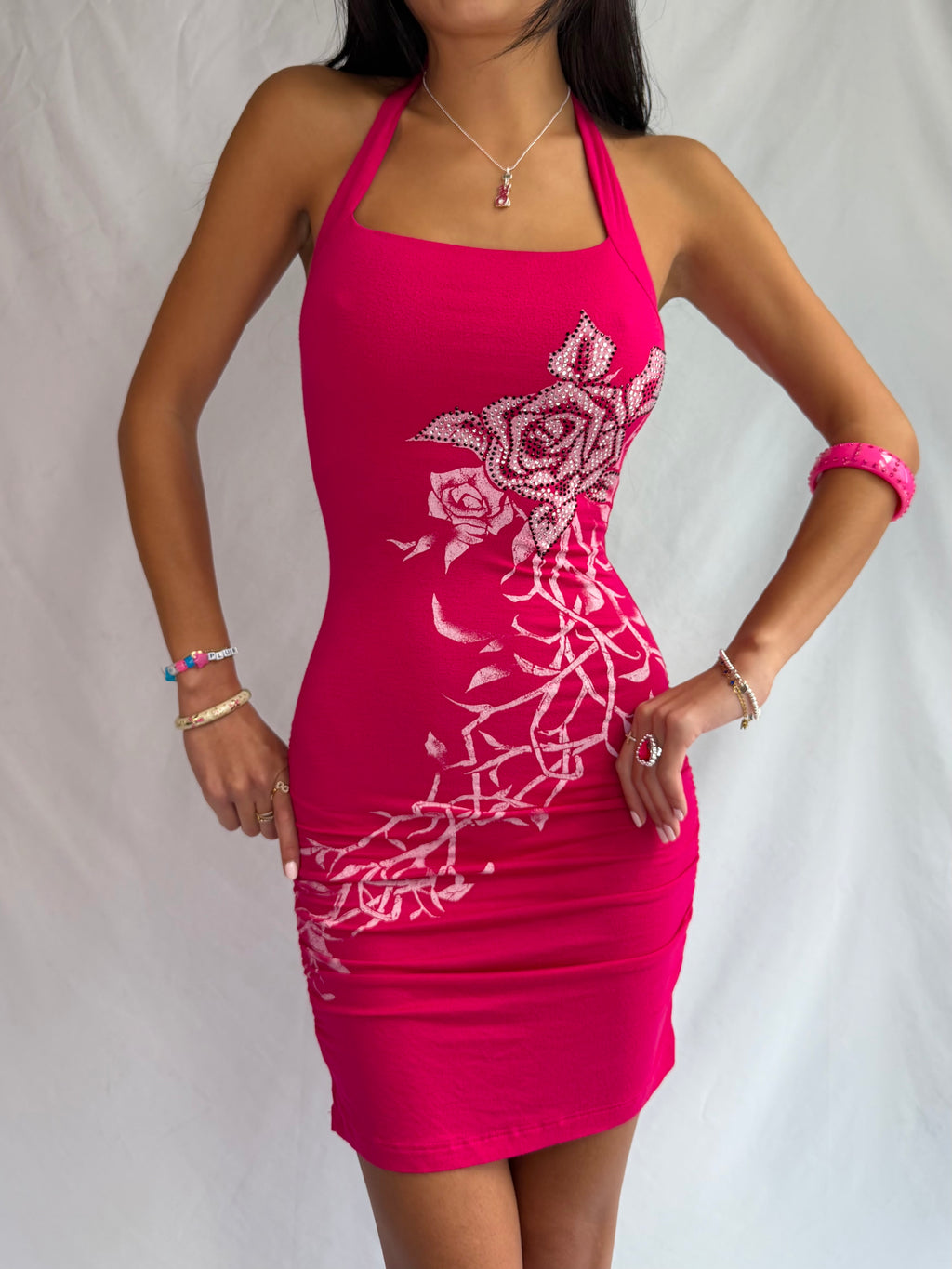 Vintage red rhinestone floral mini dress