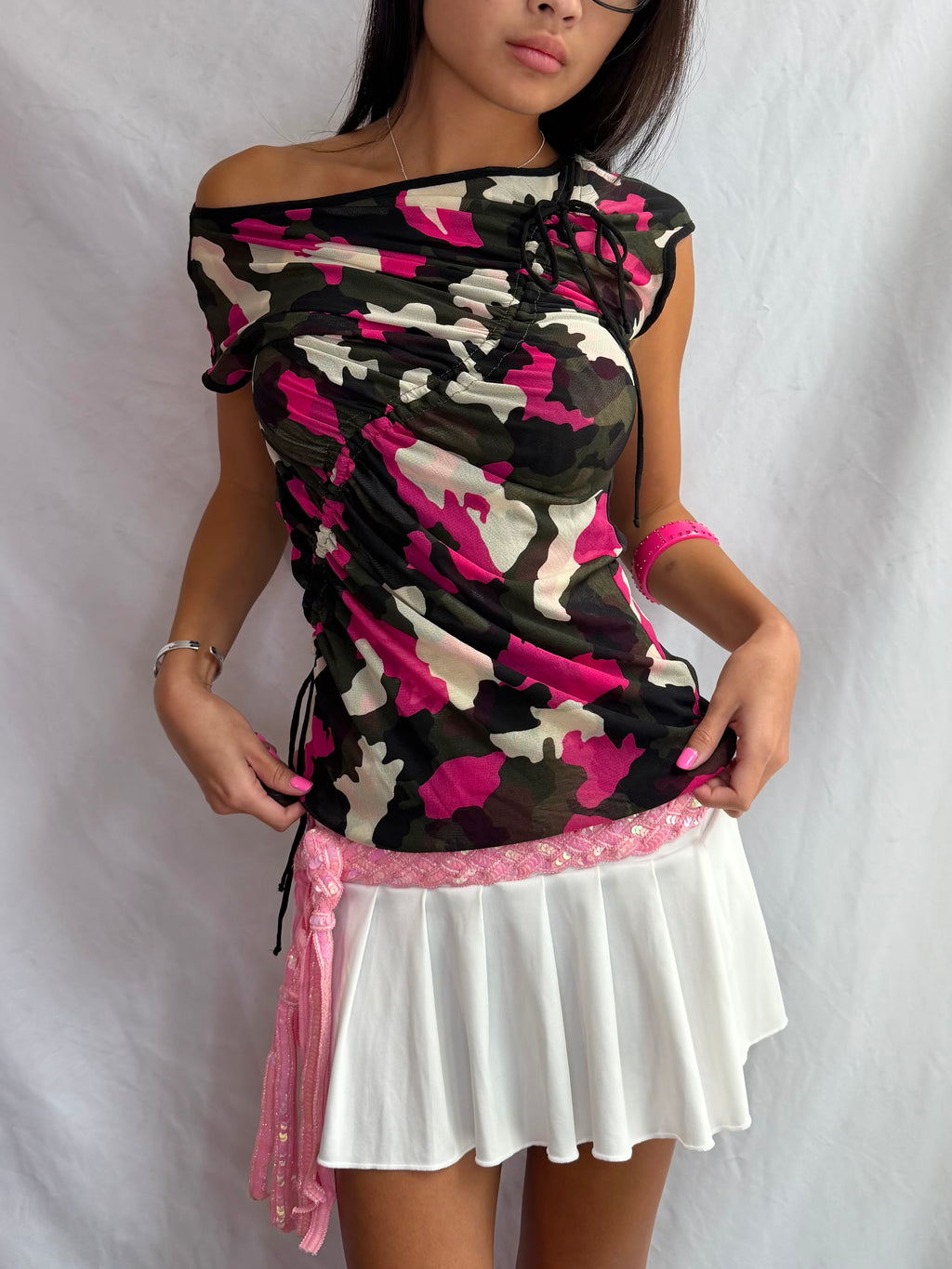 Vintage pink camo off the shoulder top