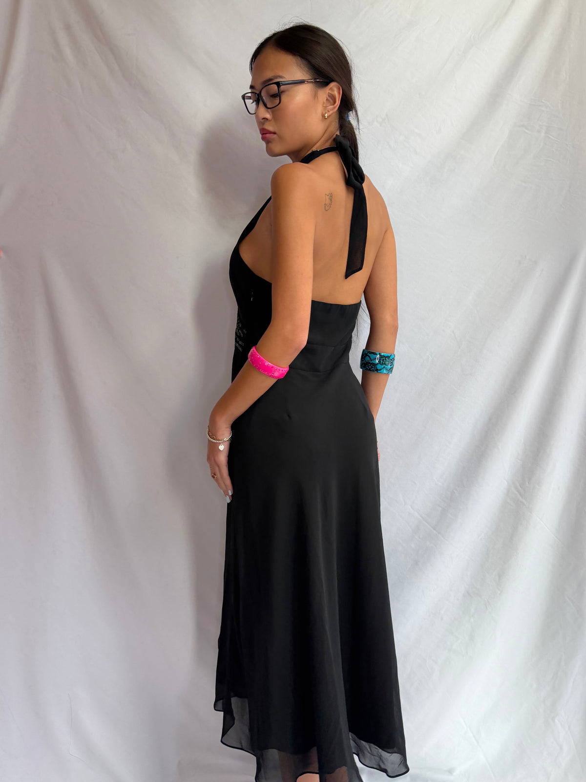 Vintage black sequin halter midi dress