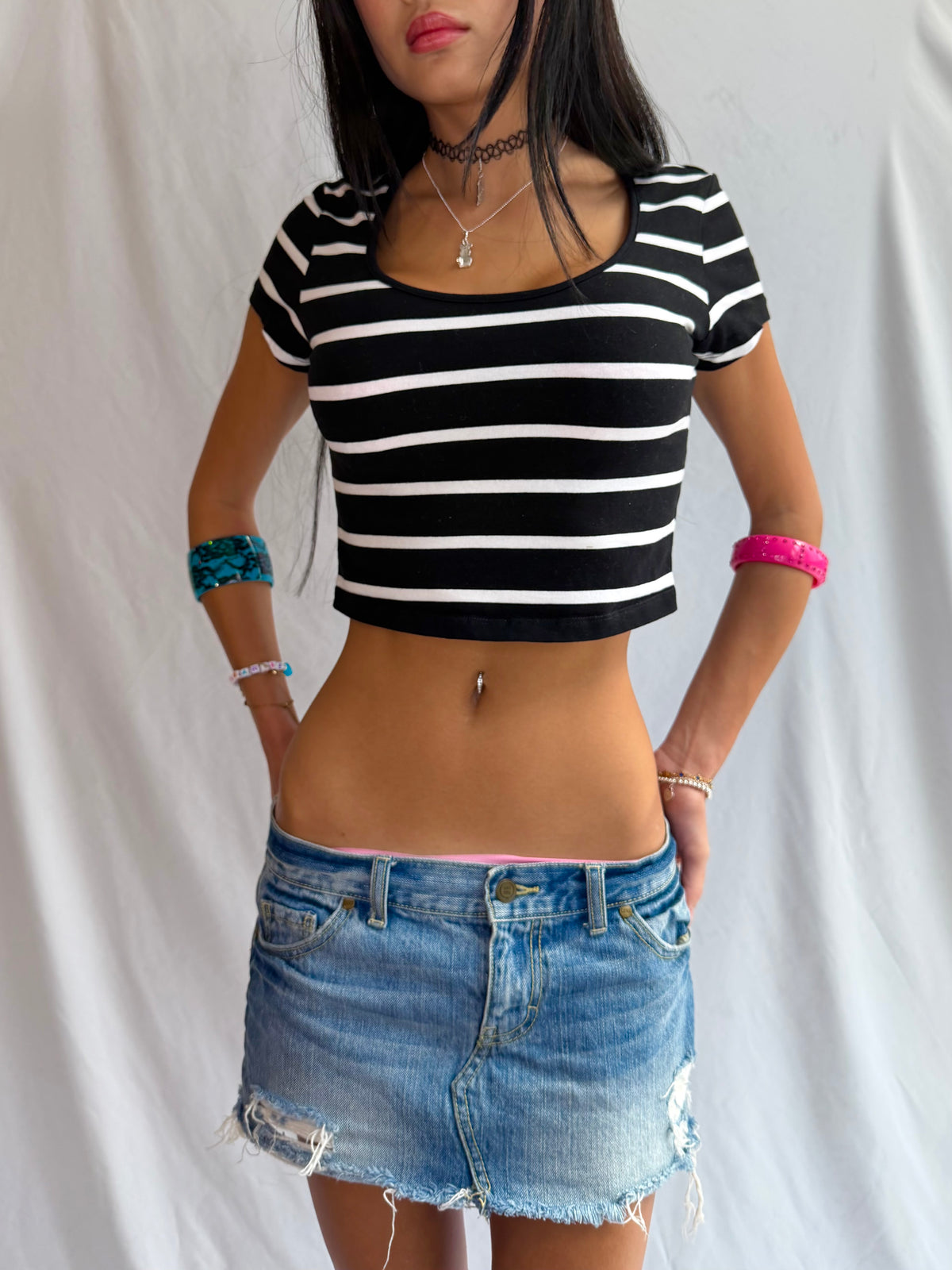 Vintage navy & white striped crop top