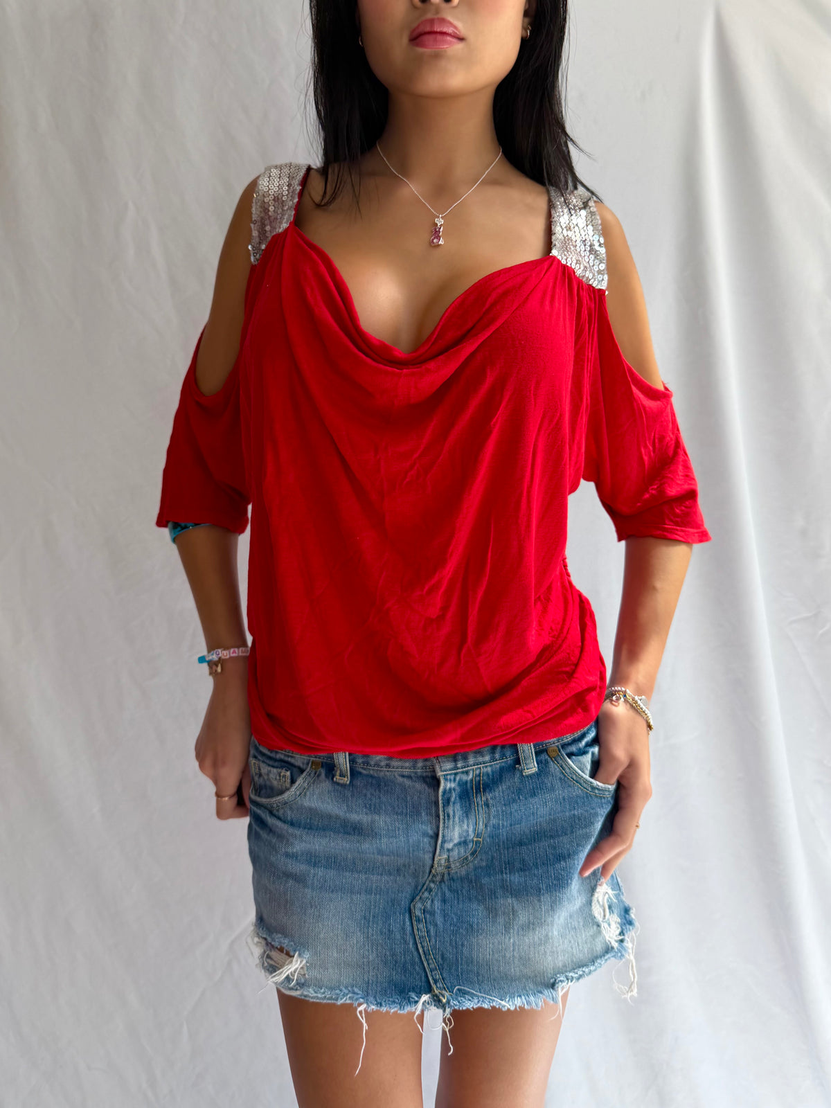 Vintage red sequin off the shoulder top