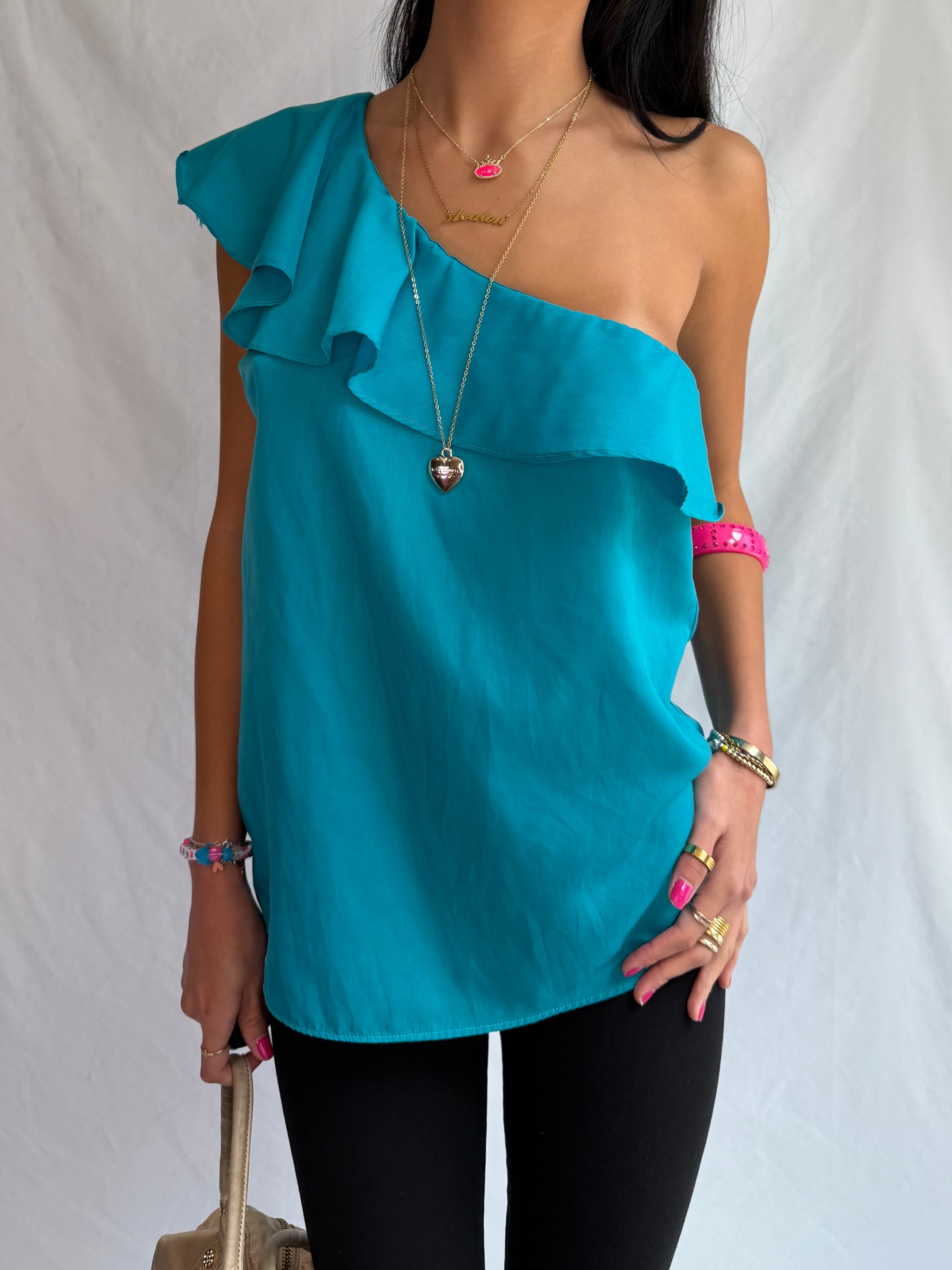 vintage blue one shoulder ruffle top ⋆˙⟡