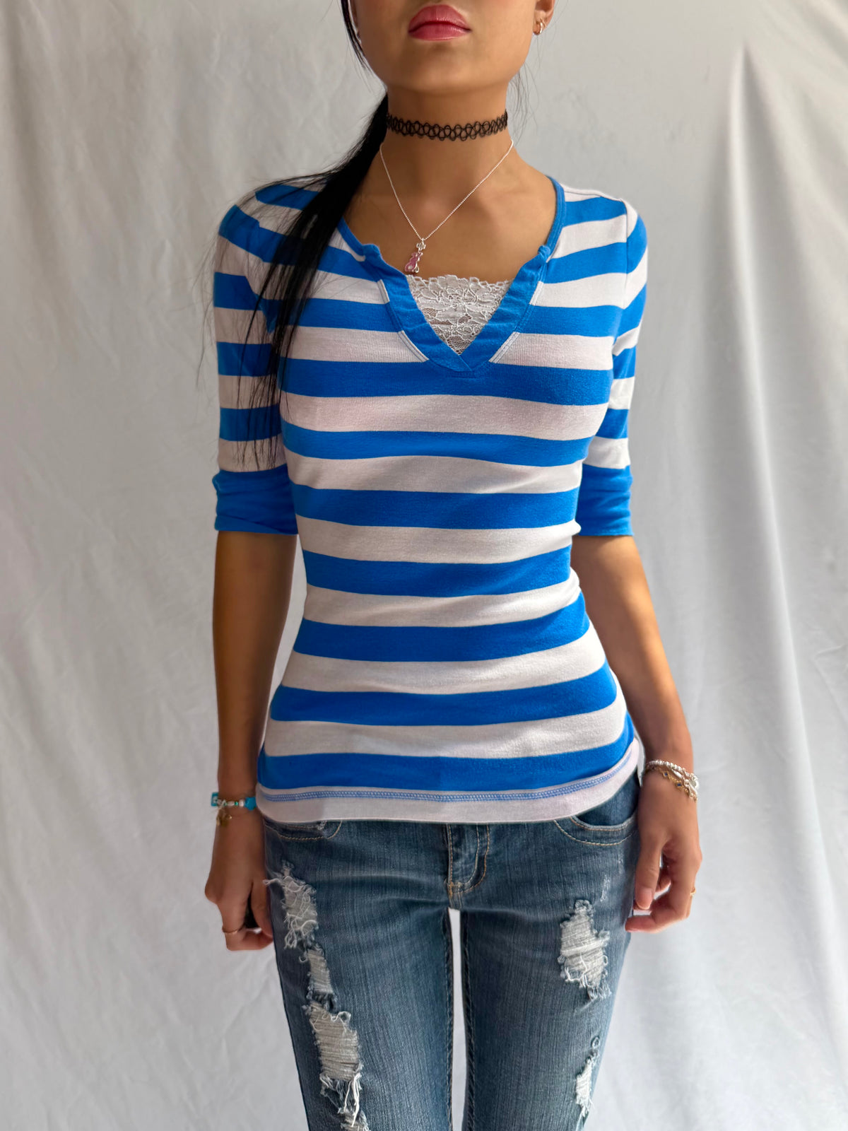 Vintage blue striped v neck long sleeve top