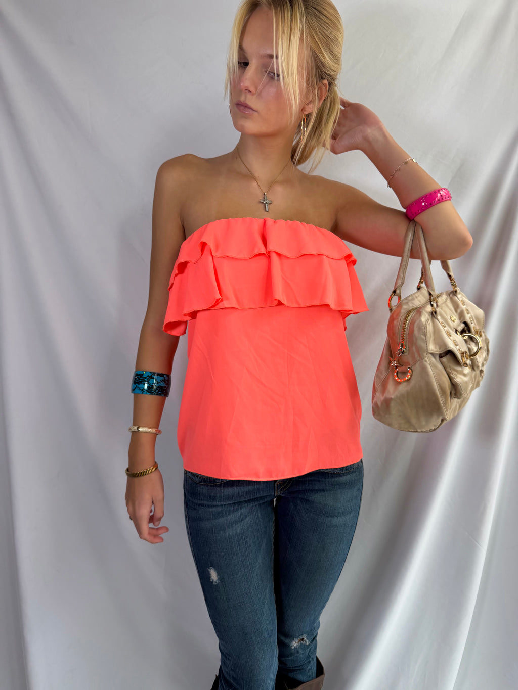 Vintage neon strapless ruffle top