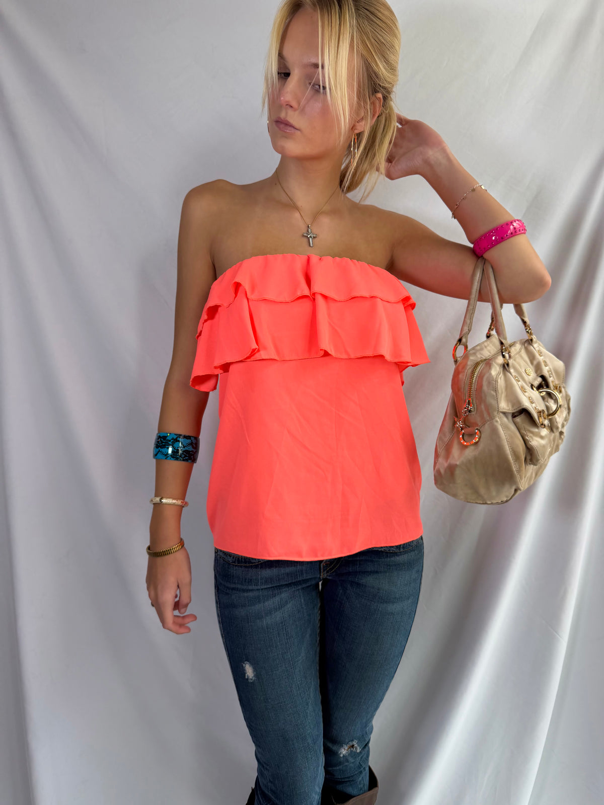 Vintage neon strapless ruffle top