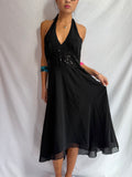 Vintage black sequin halter midi dress