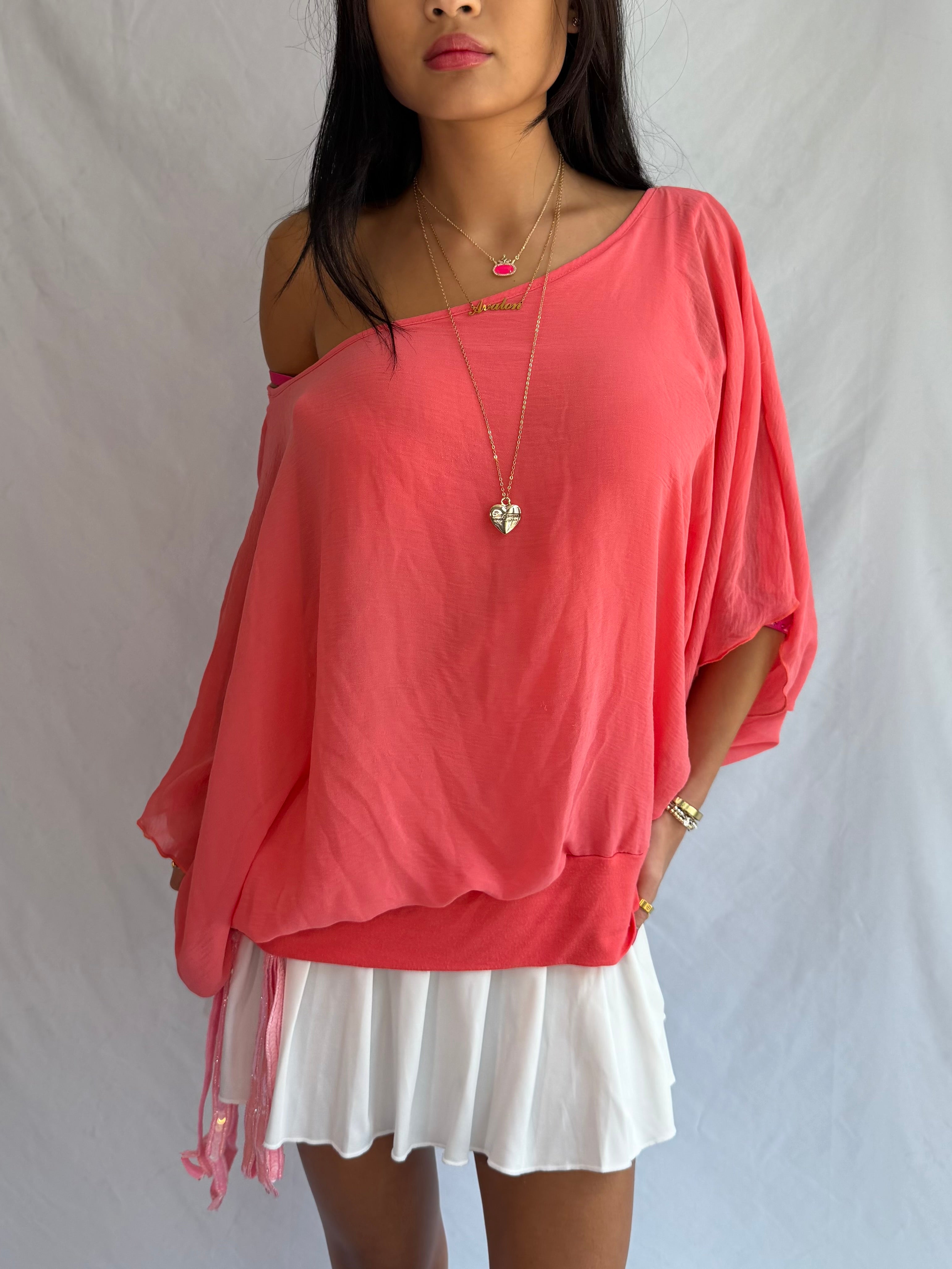 vintage coral off the shoulder drape top ⋆˚࿔