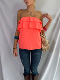 Vintage neon strapless ruffle top
