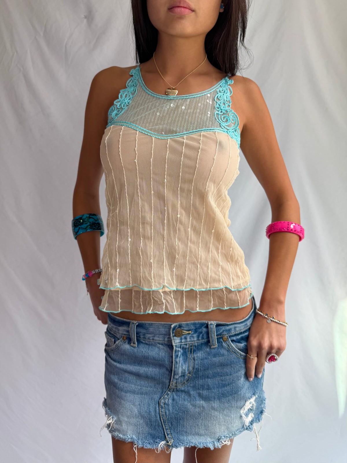 Vintage teal sequin tank top