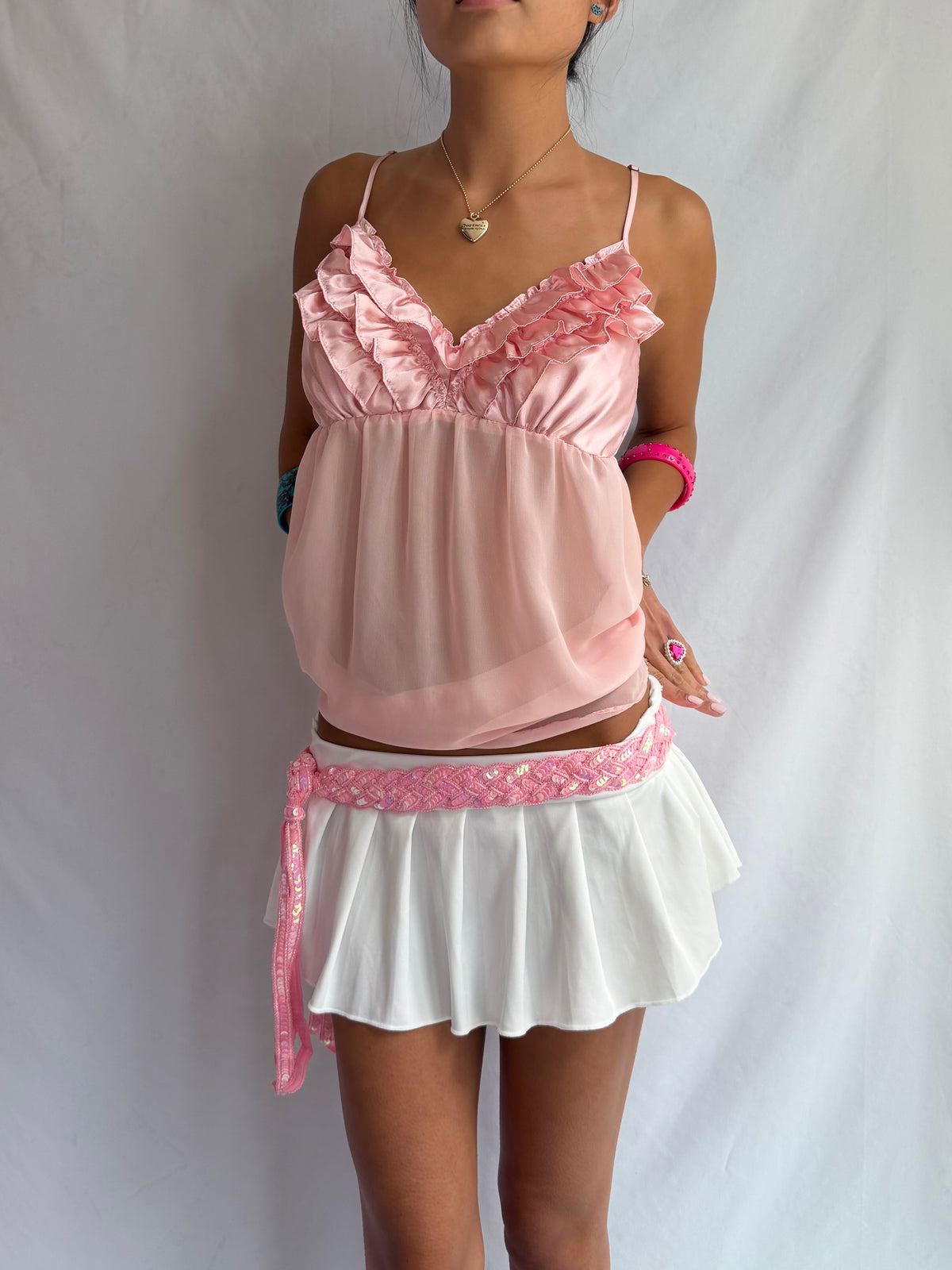 Vintage pink ruffle babydoll cami top