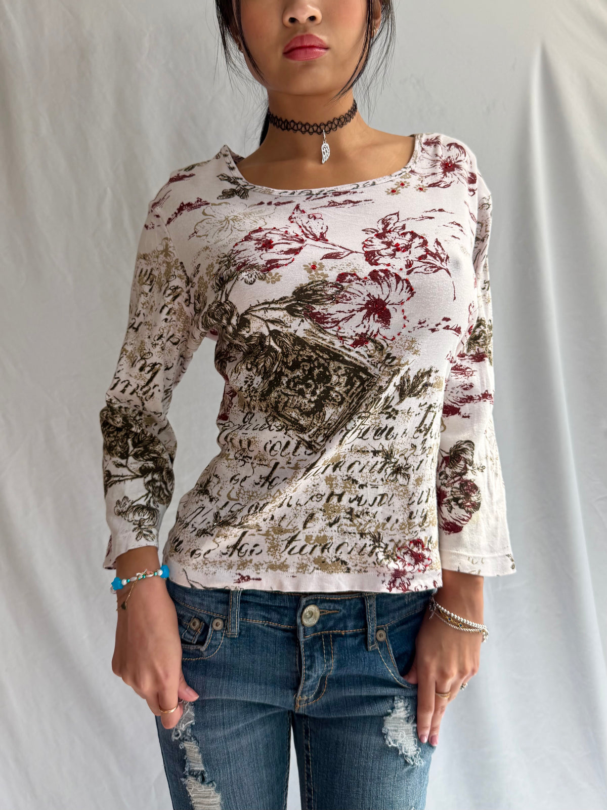 Vintage white & brown rhinestone long sleeve top