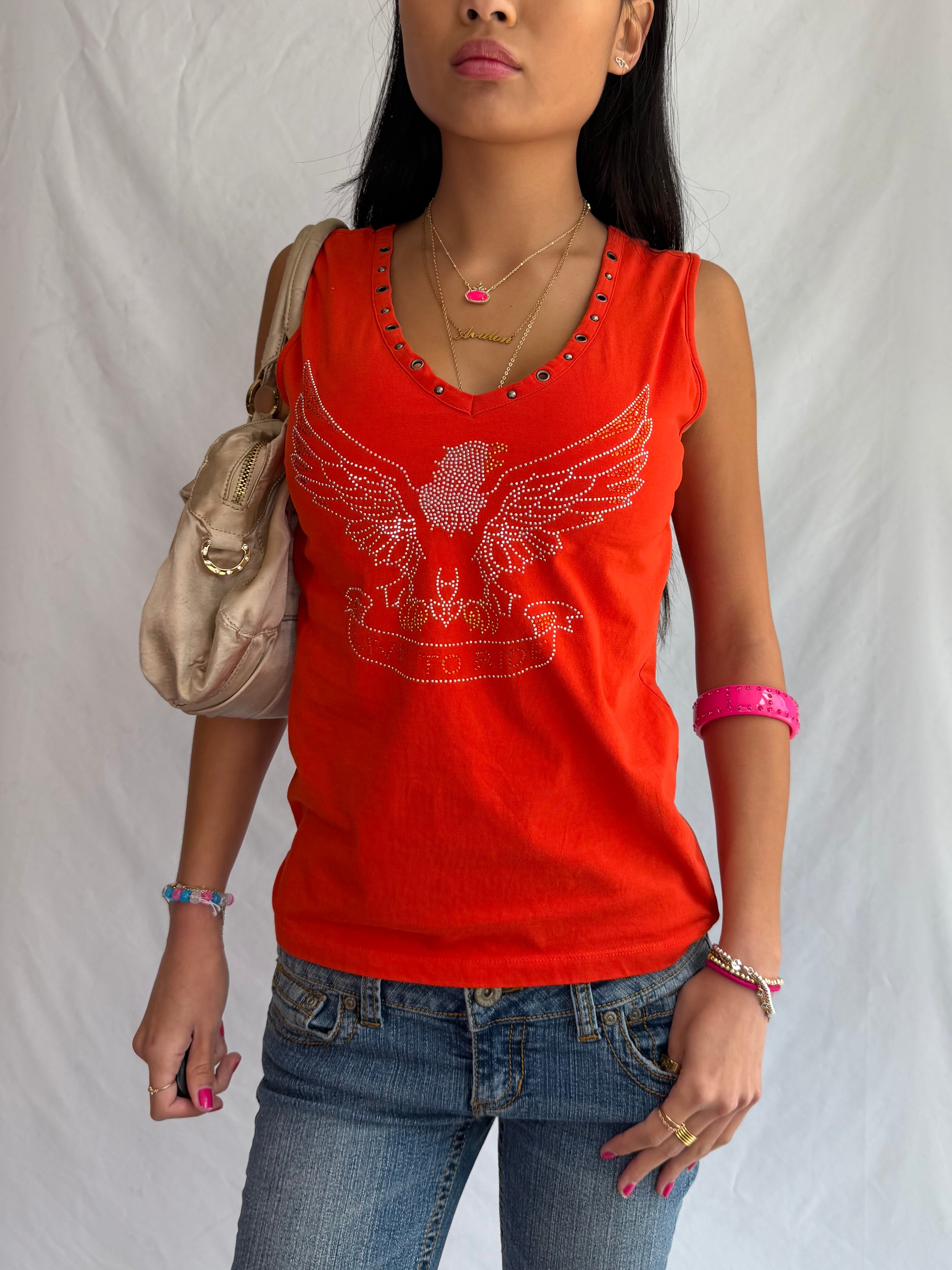vintage orange rhinestone tank top .𖥔 ݁ ˖