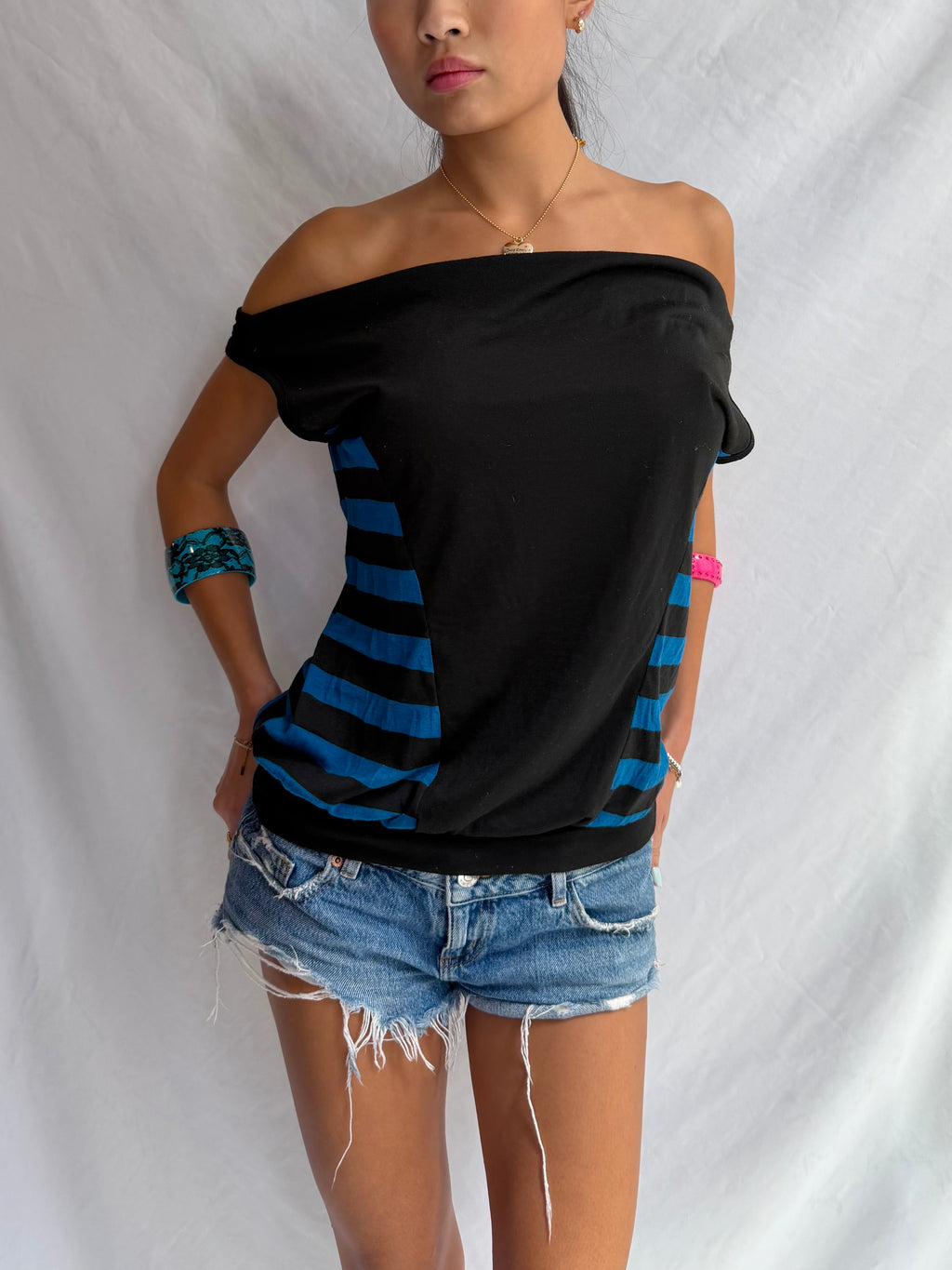 Vintage blue striped off the shoulder top