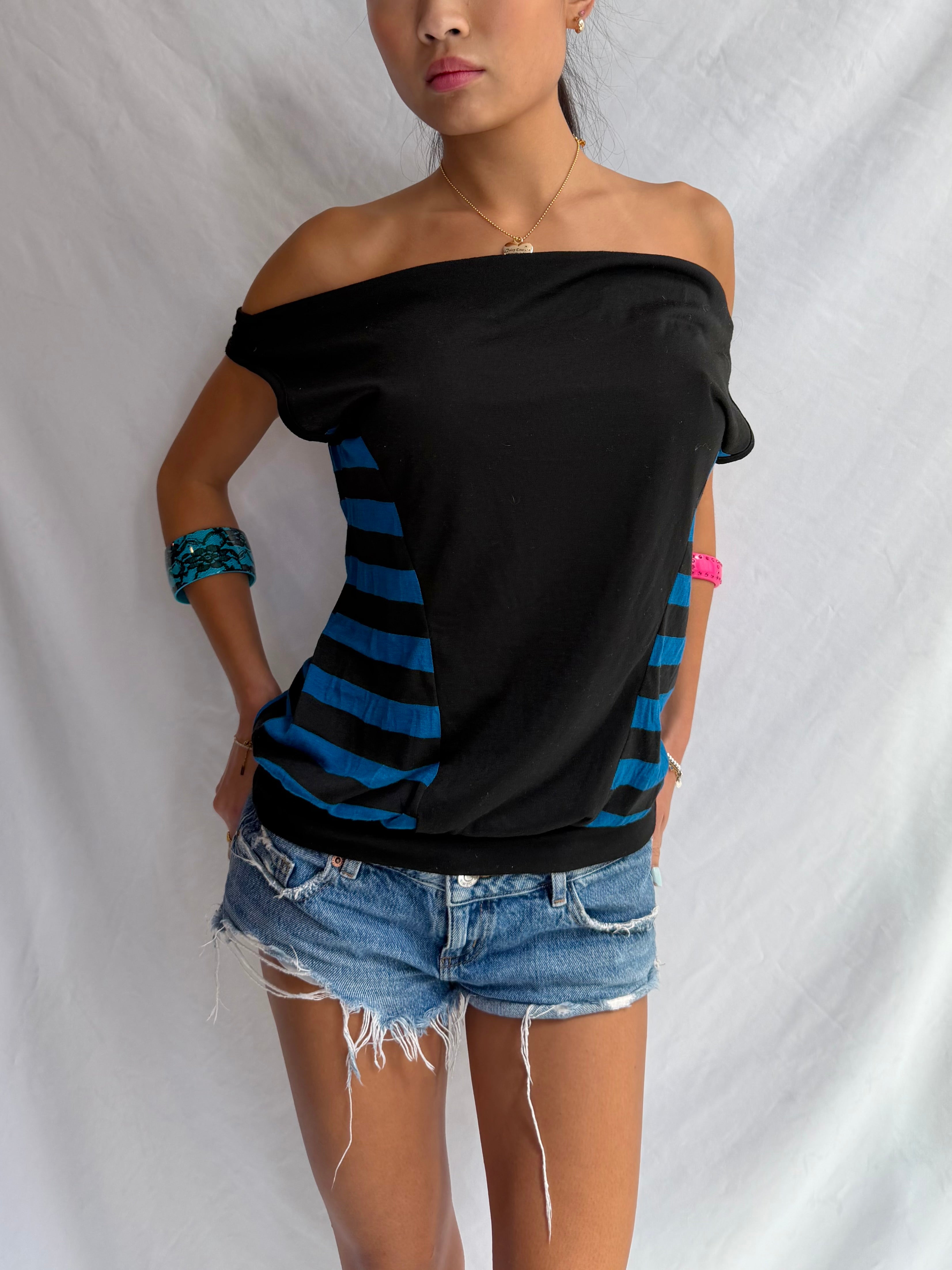 Vintage blue striped off the shoulder top