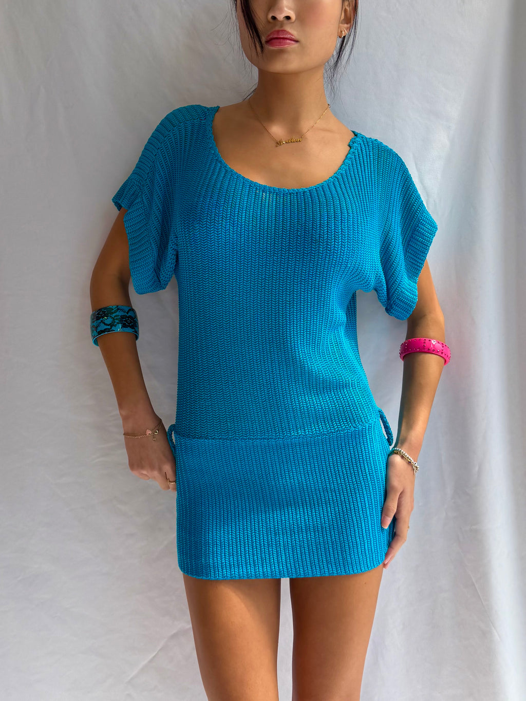 Vintage teal crochet sweater mini dress