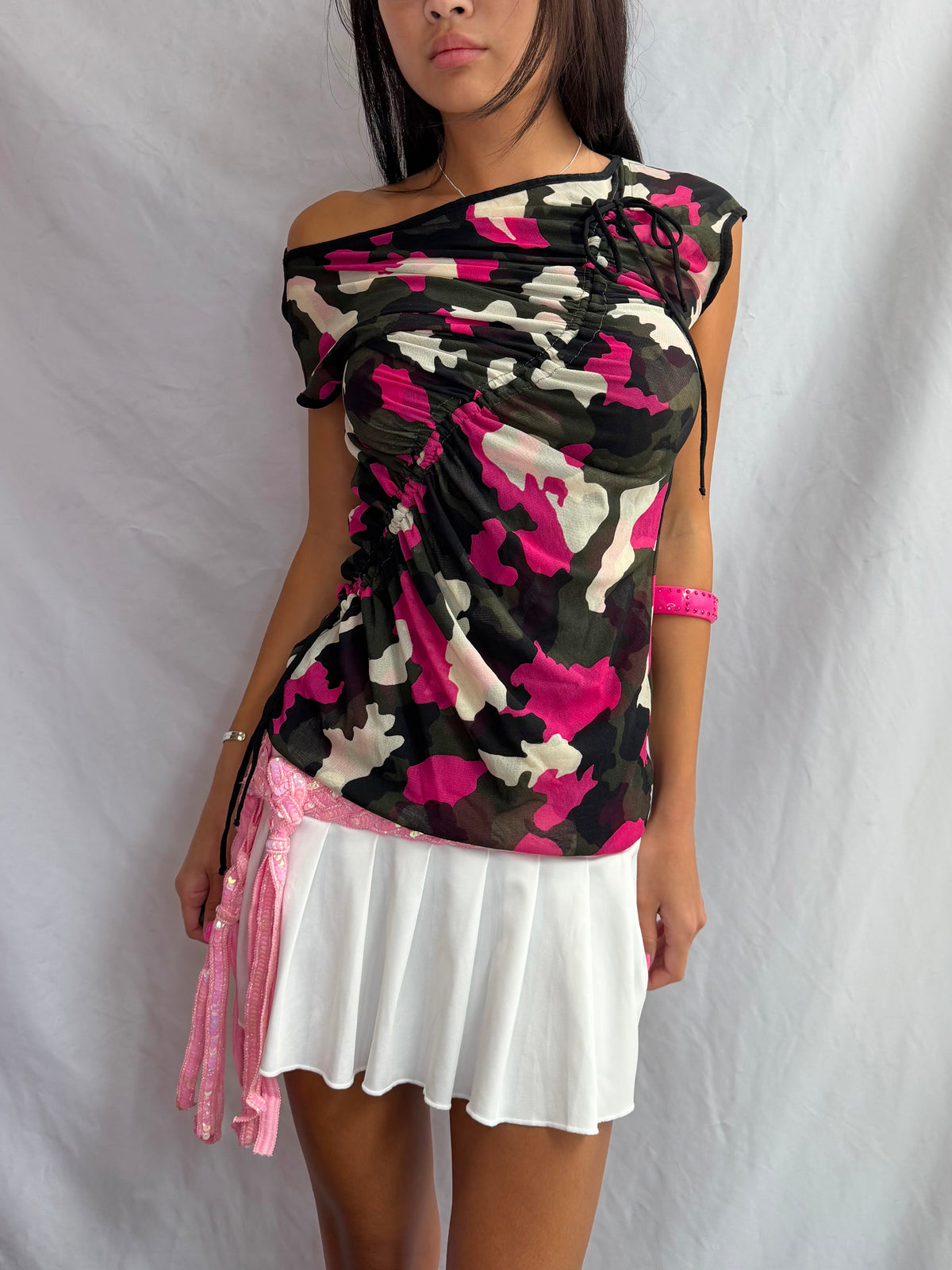 Vintage pink camo off the shoulder top