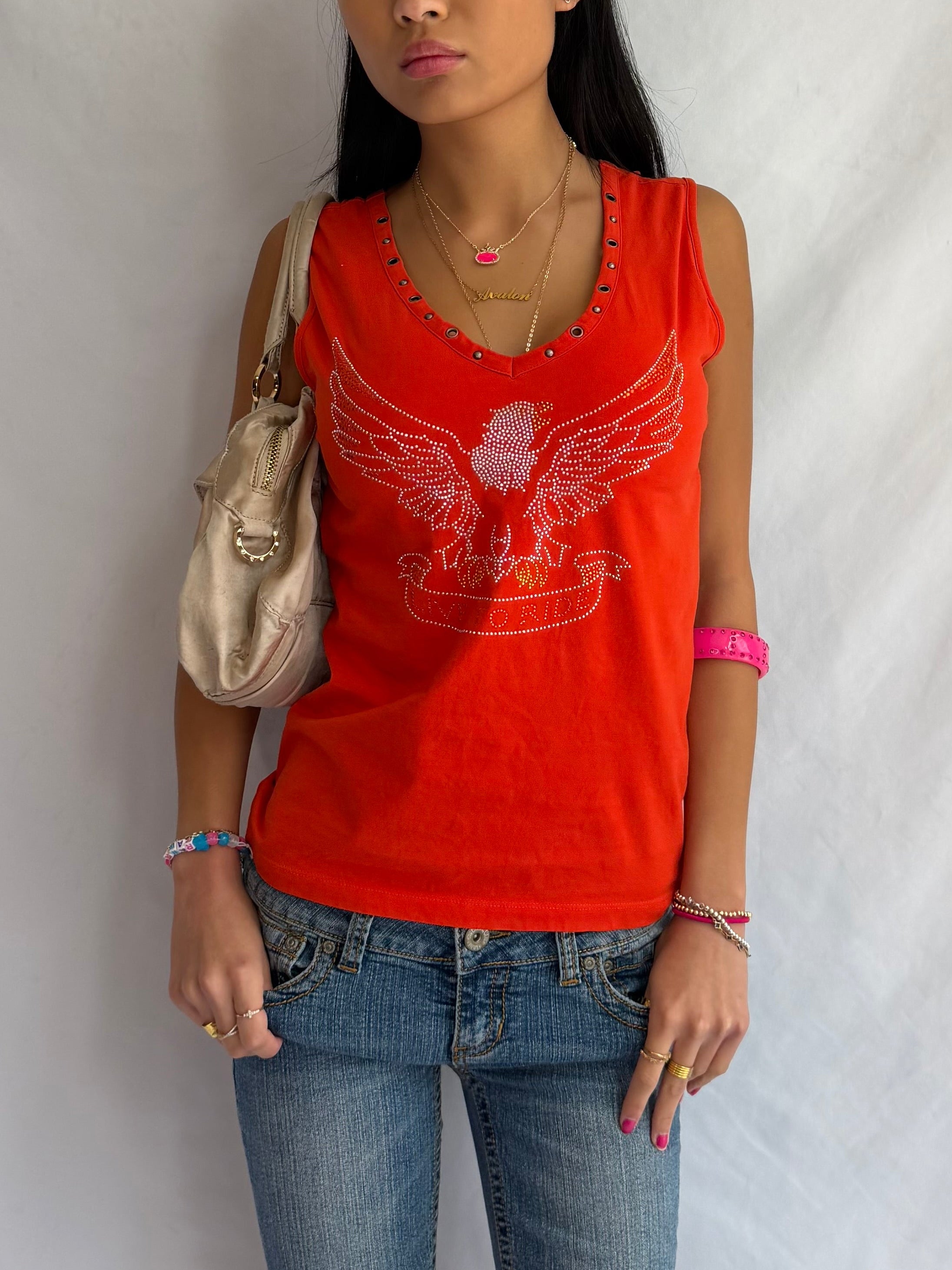 vintage orange rhinestone tank top .𖥔 ݁ ˖