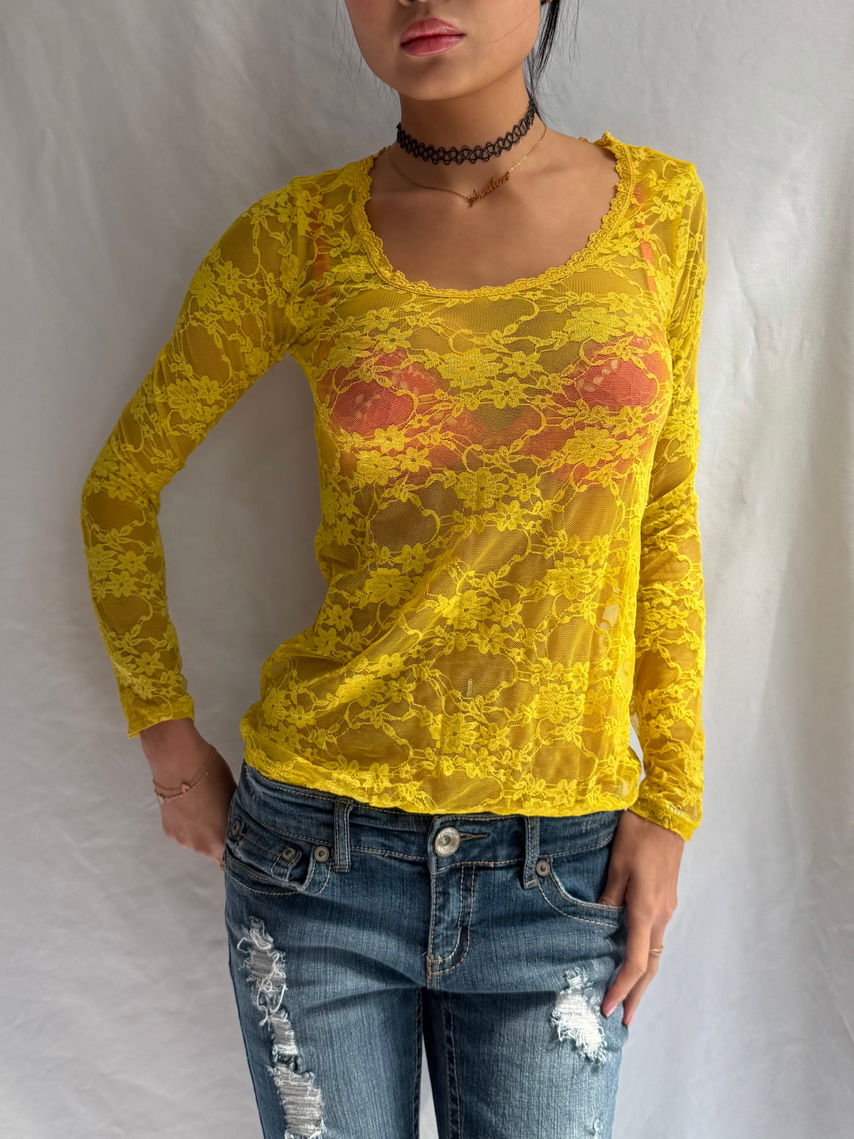 Vintage yellow lace long sleeve top