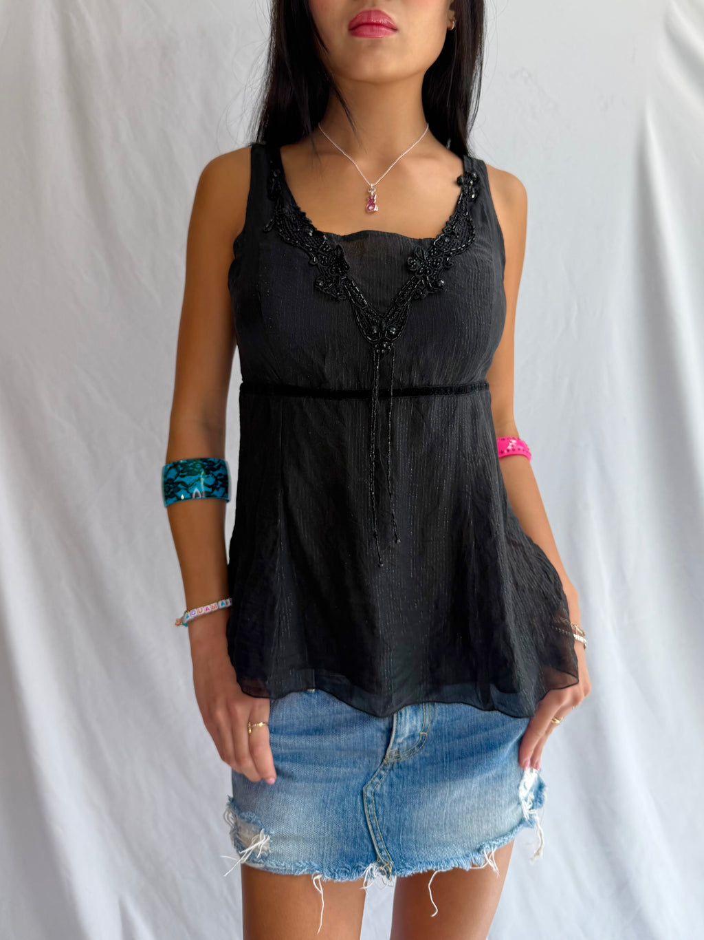 Vintage black embellished tank top