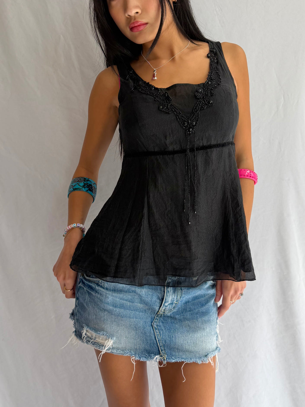 Vintage black embellished tank top
