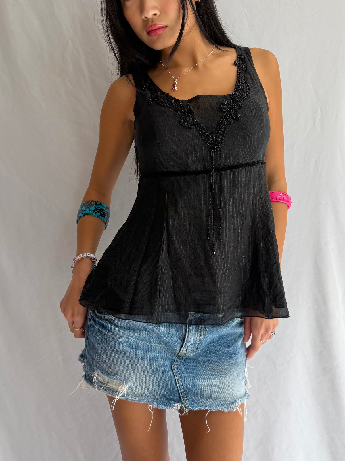 Vintage black embellished tank top