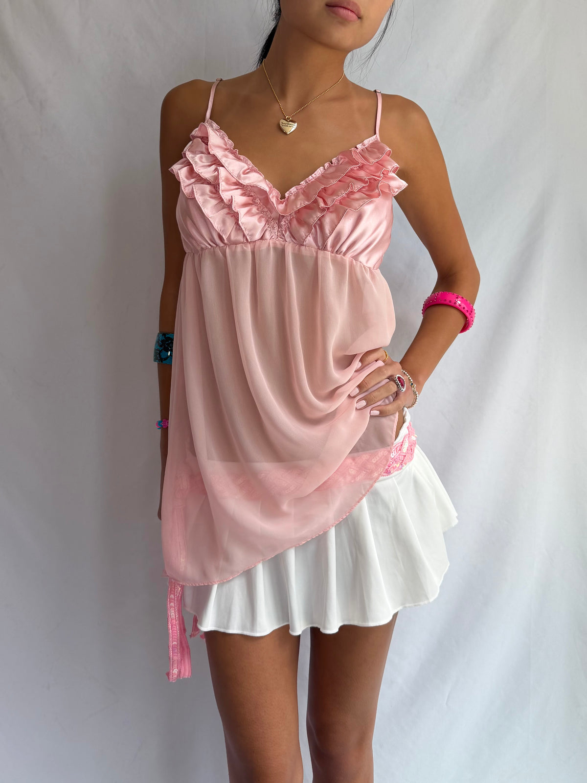 Vintage pink ruffle babydoll cami top