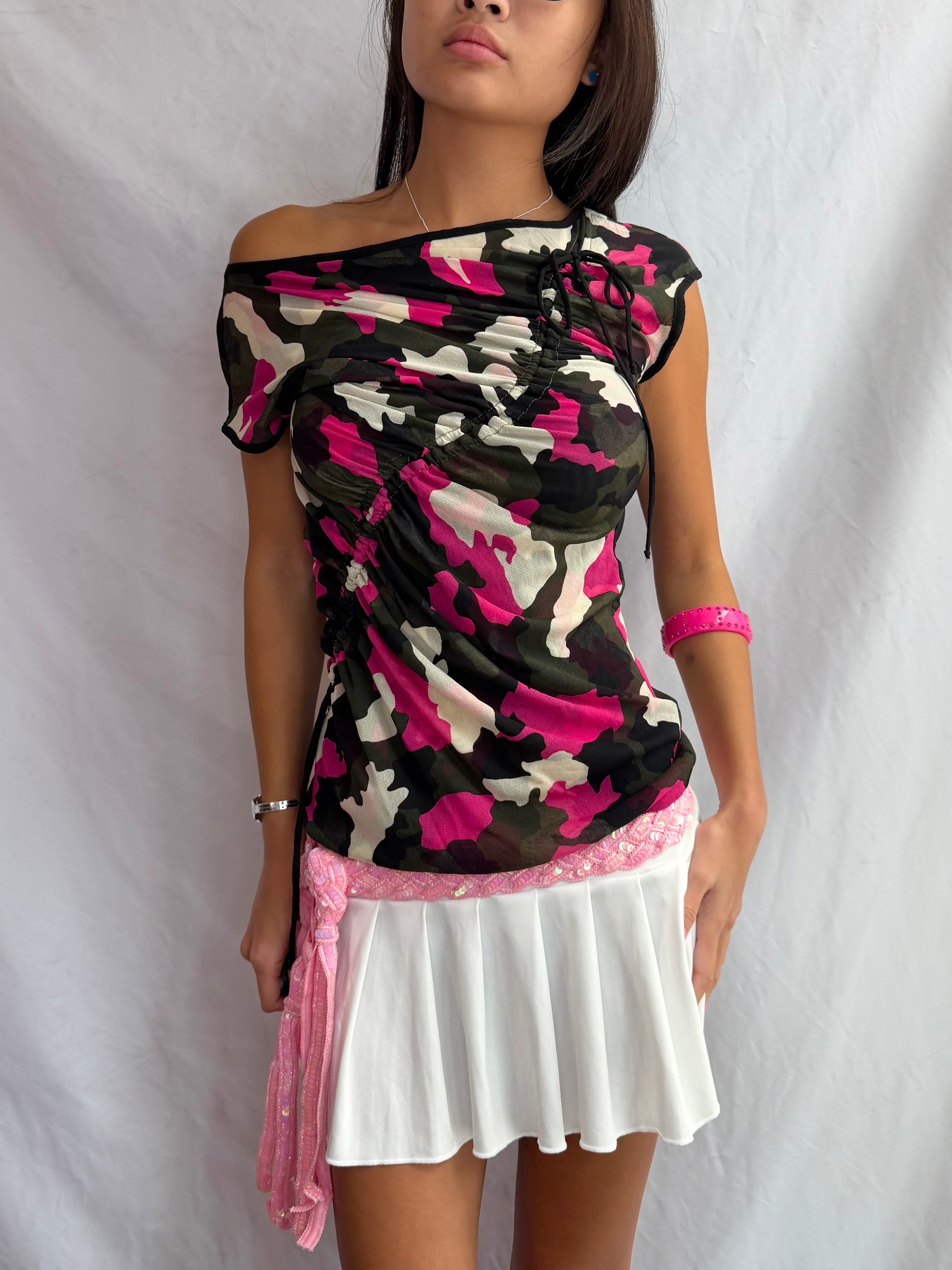 Vintage pink camo off the shoulder top
