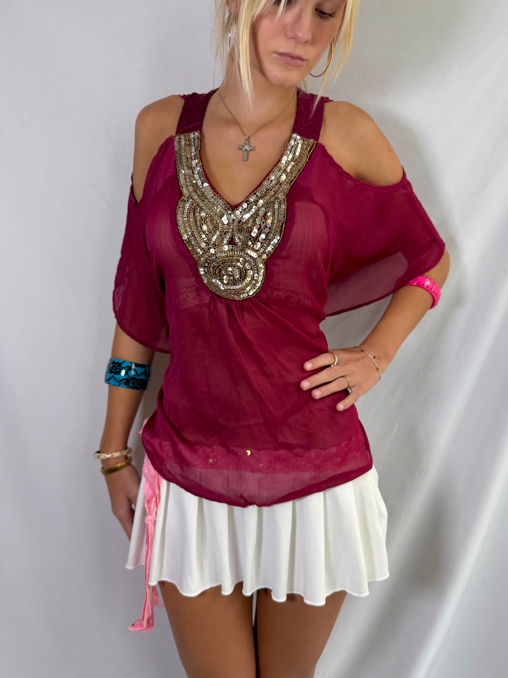 Vintage maroon sheer beaded top
