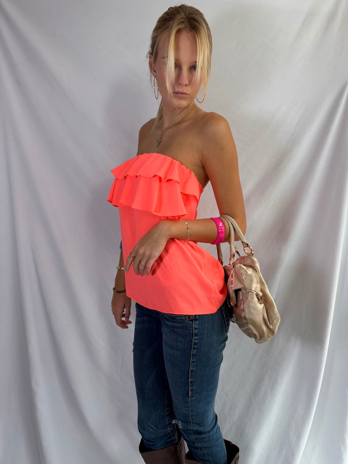 Vintage neon strapless ruffle top