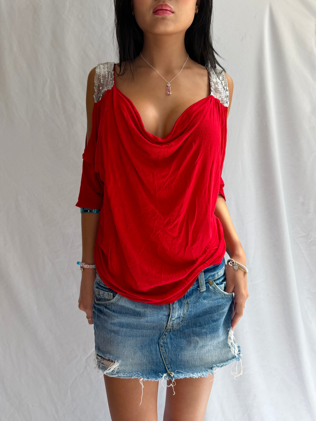 Vintage red sequin off the shoulder top