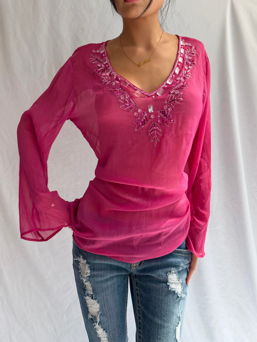 Vintage sheer pink embellished mini dress top