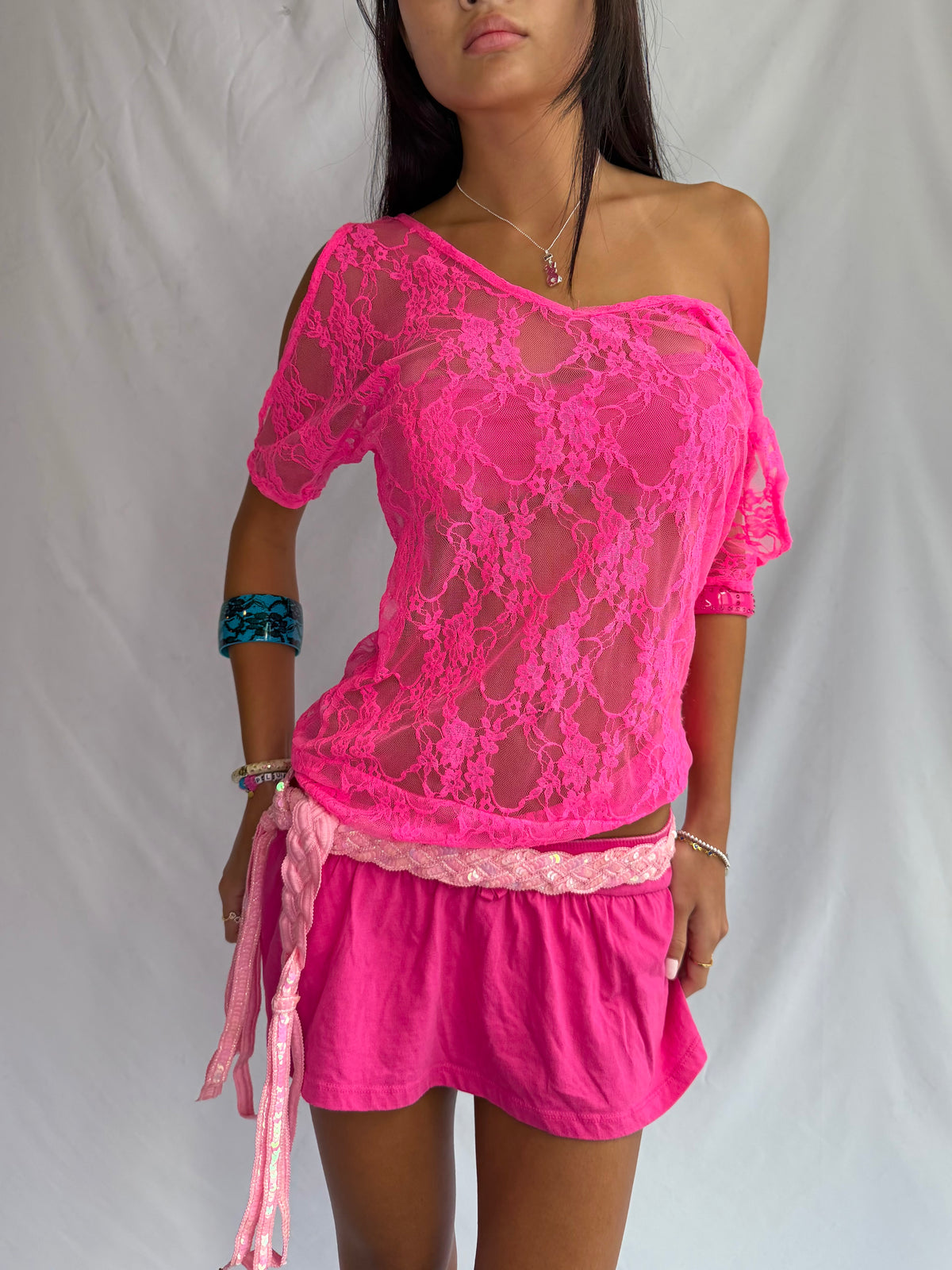 Vintage hot pink lace off the shoulder top