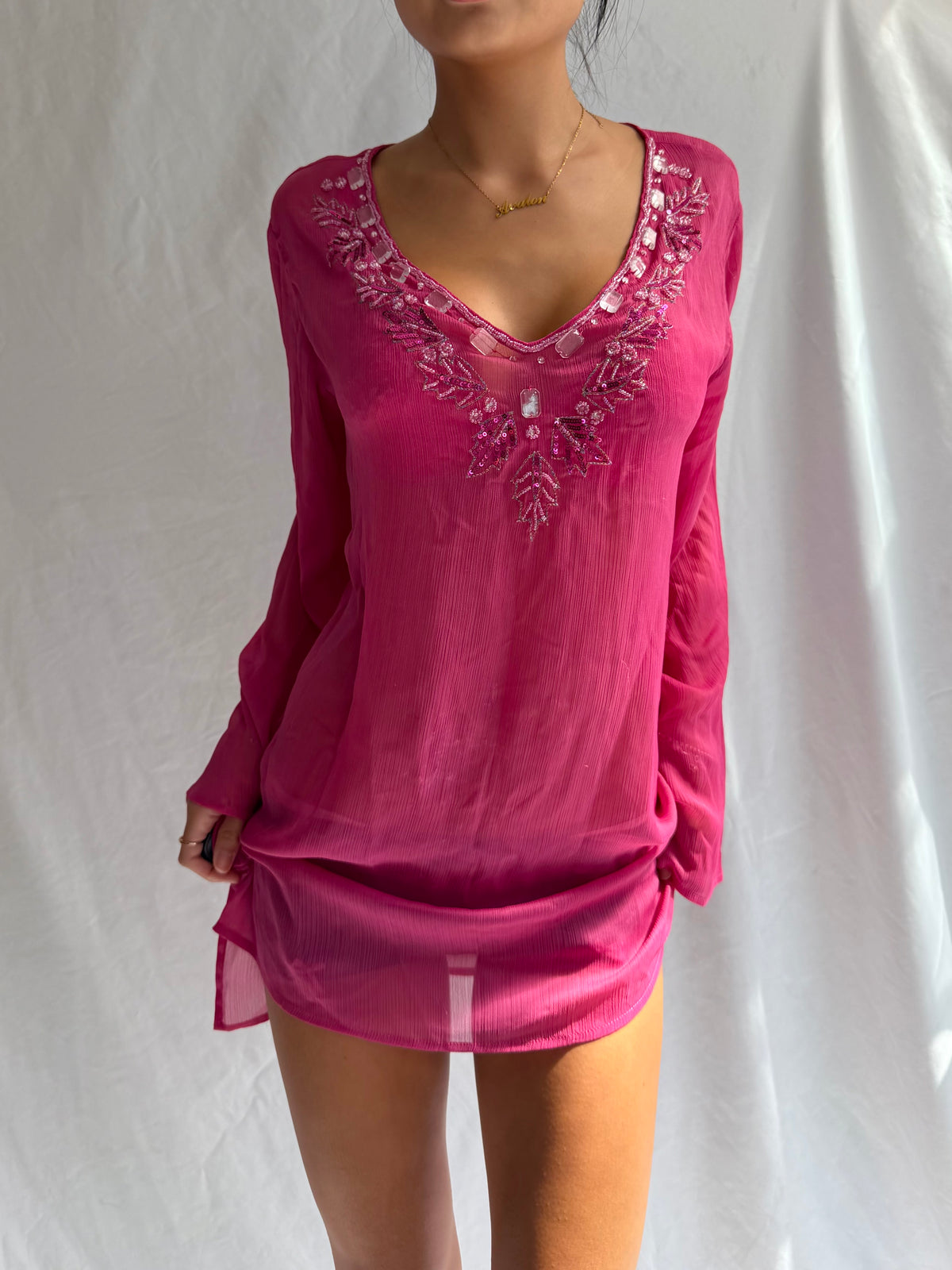 Vintage sheer pink embellished mini dress top