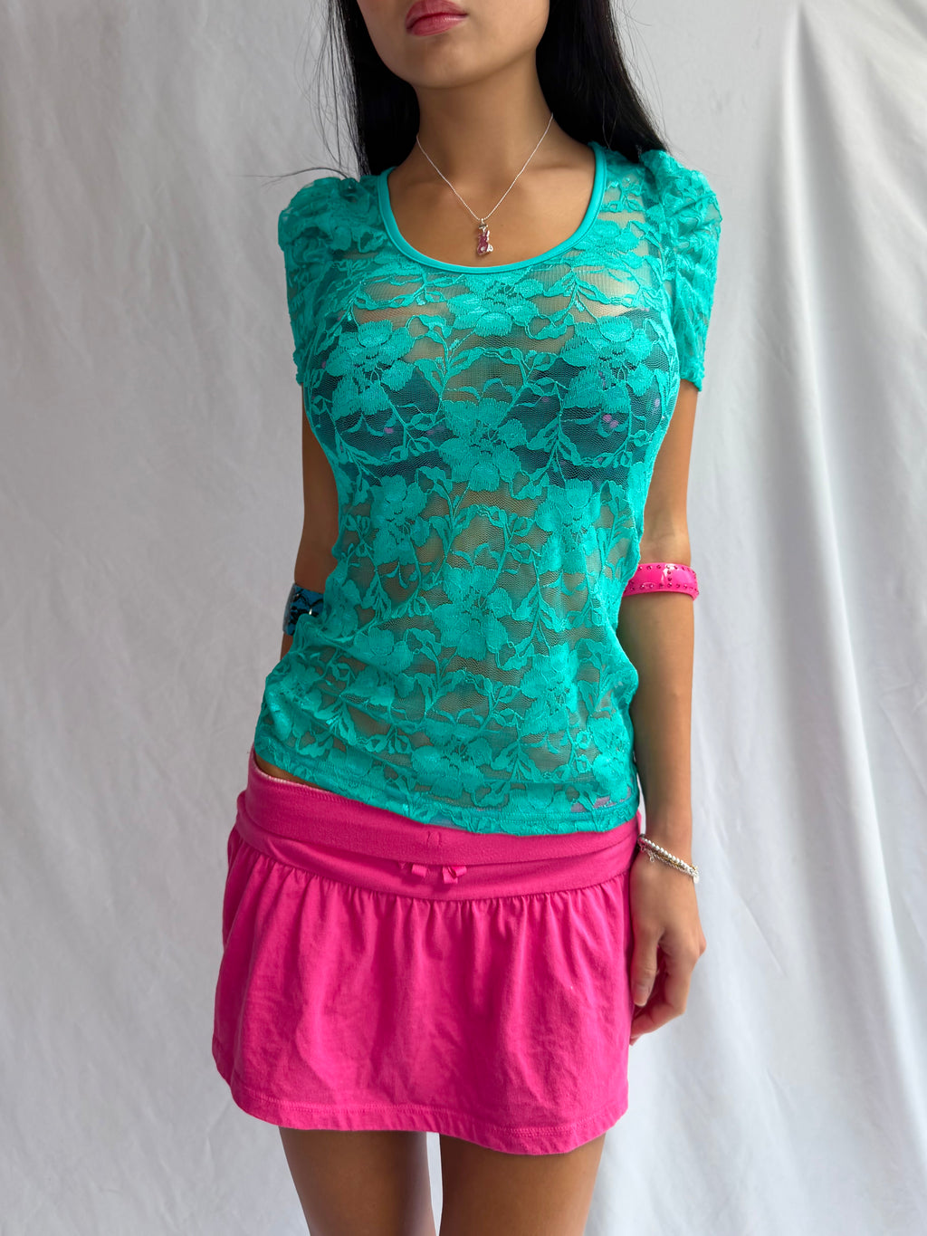 Vintage teal sheer lace top