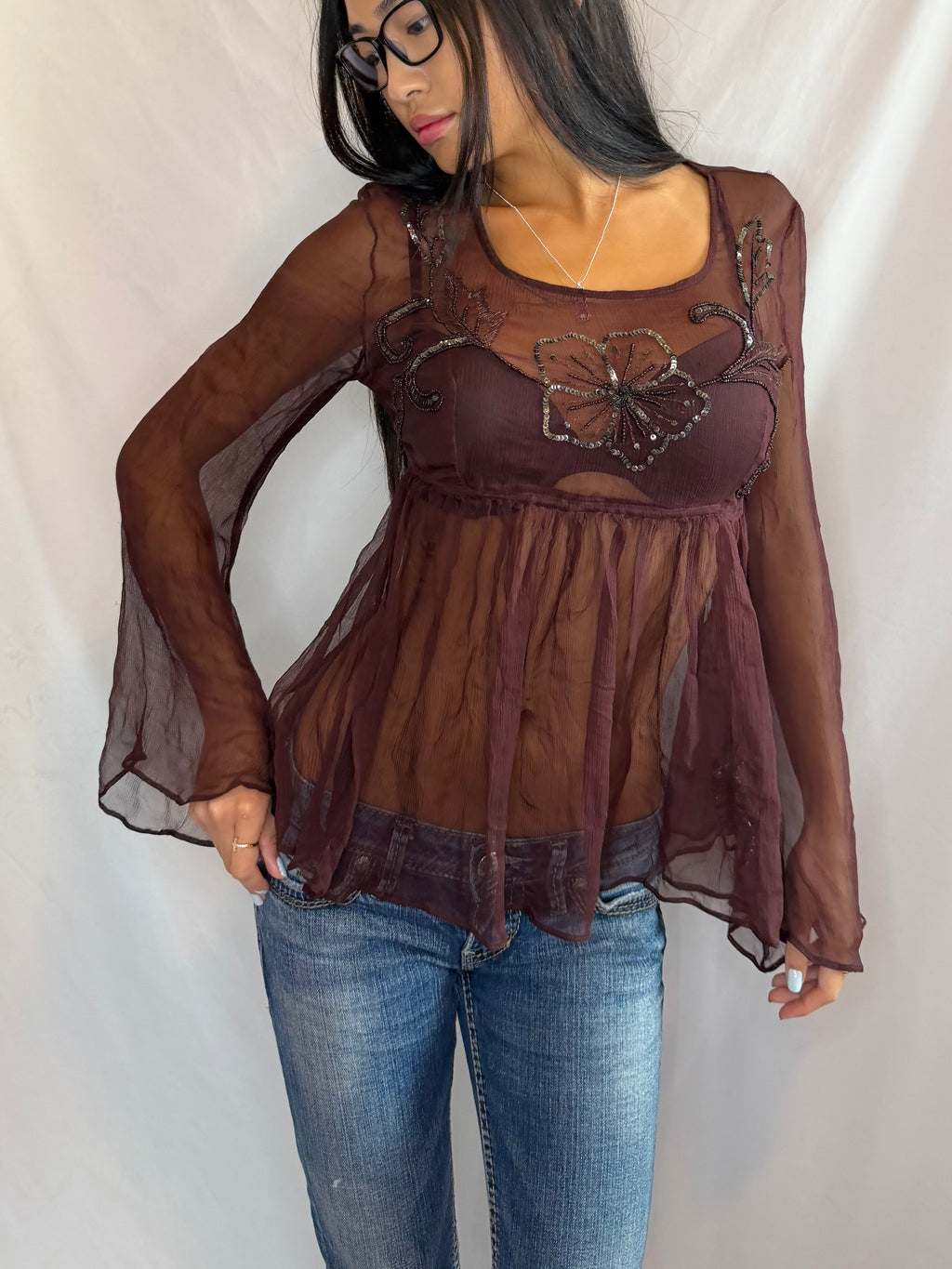 Vintage brown sheer babydoll top