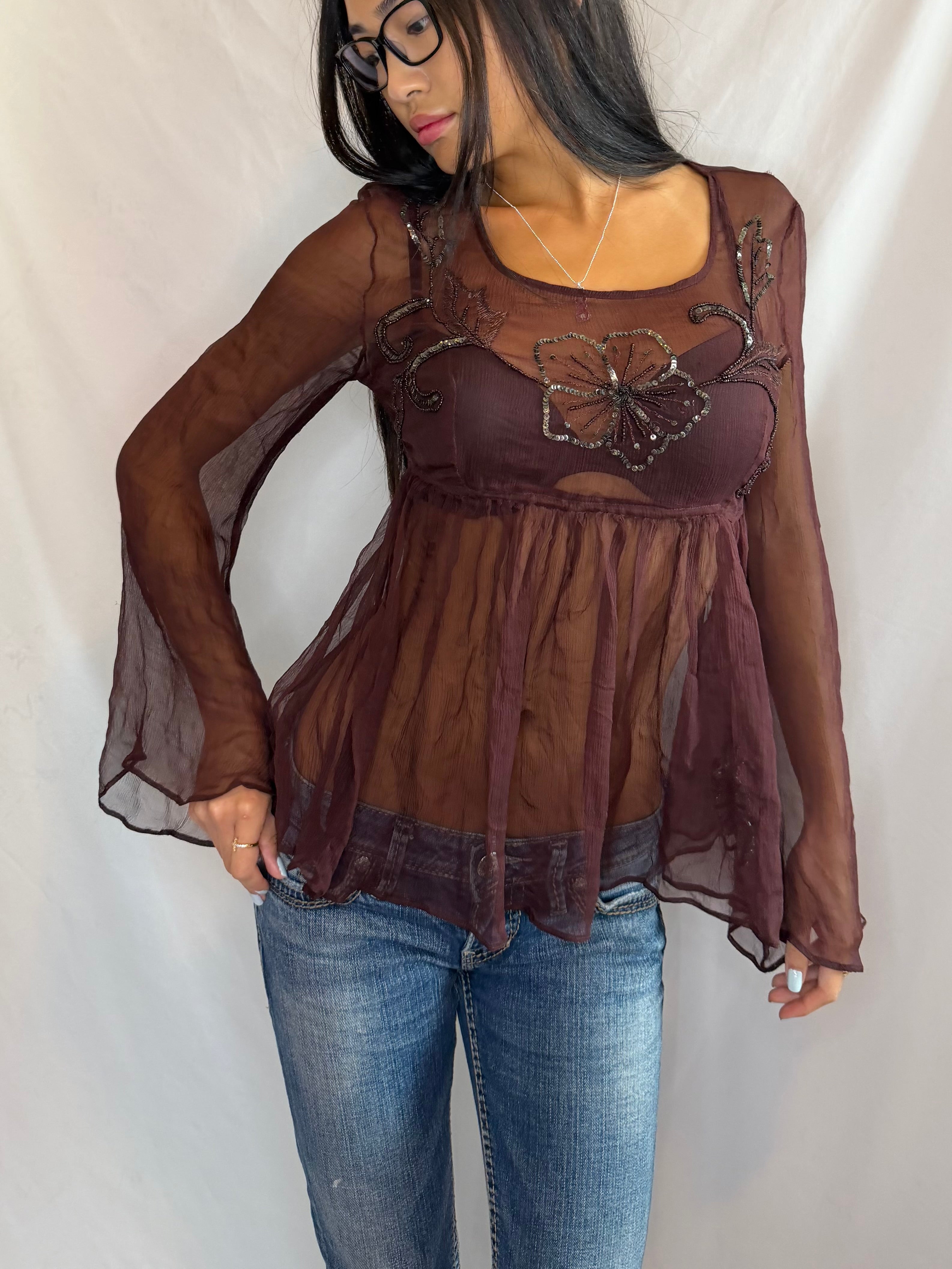 Vintage brown sheer babydoll top