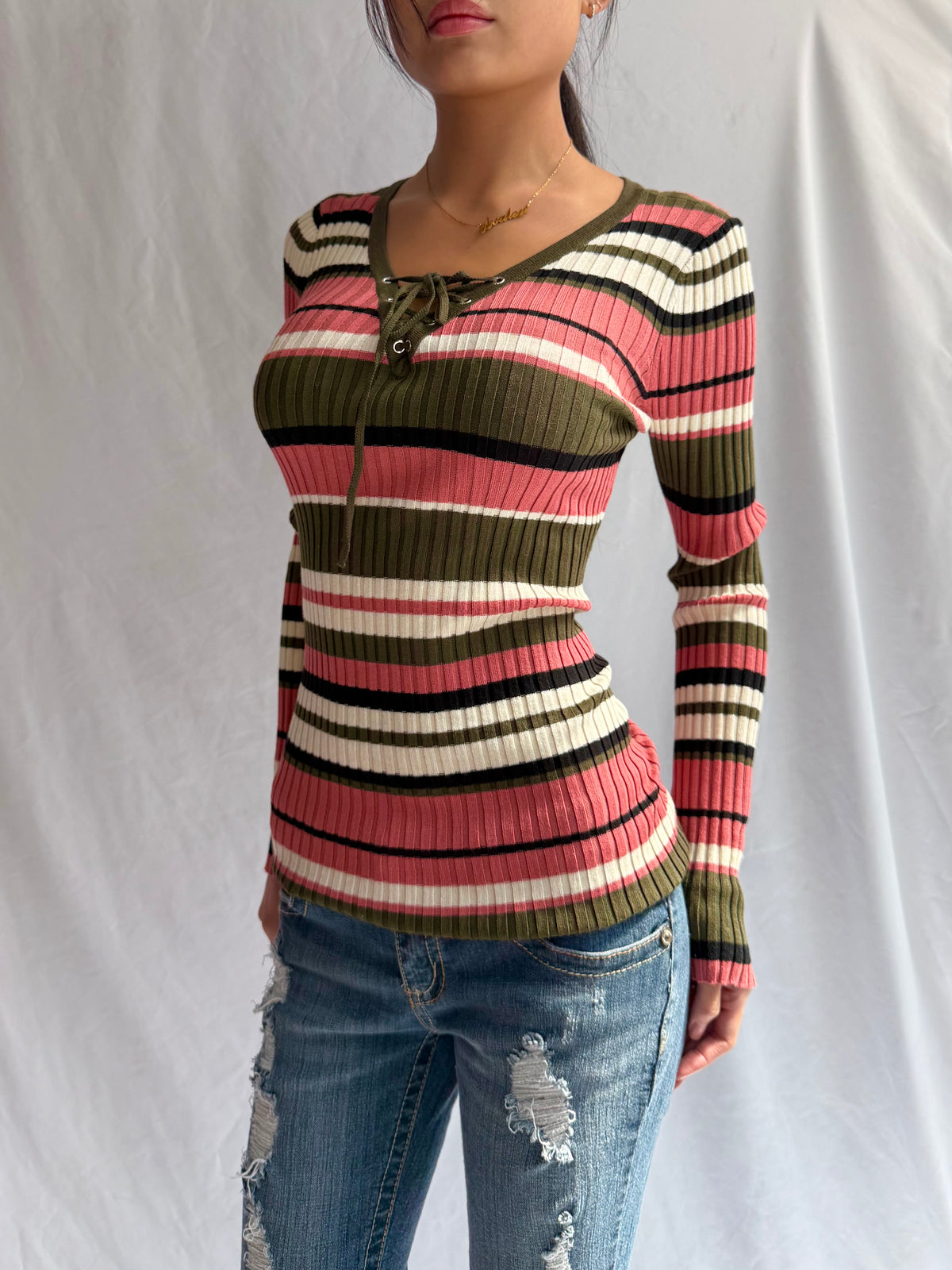 Vintage lace up fitted sweater