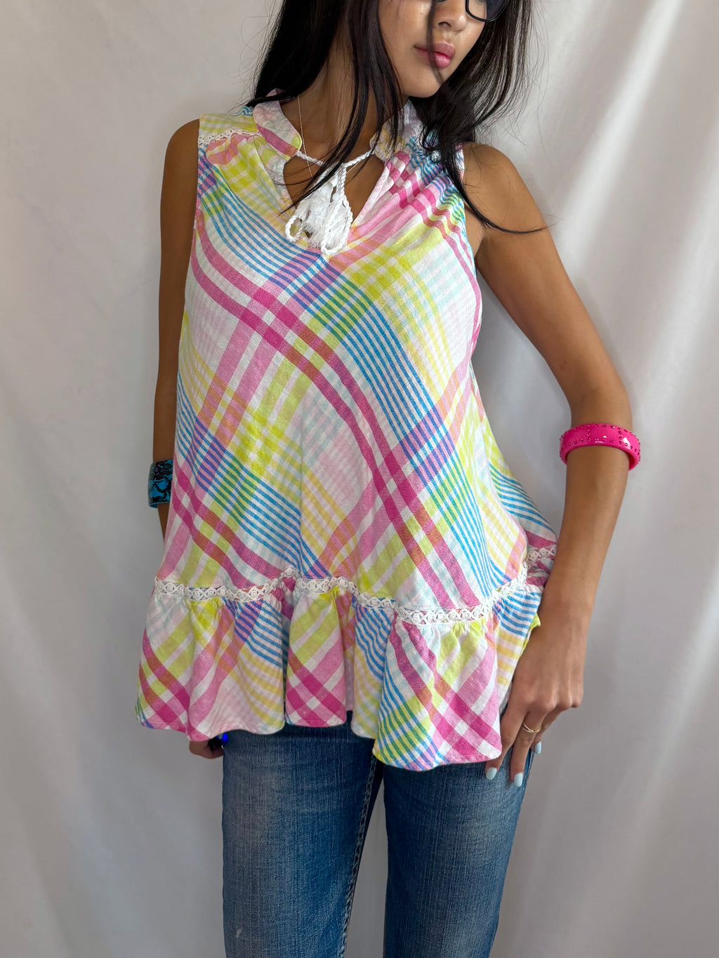 Vintage rainbow plaid tank top