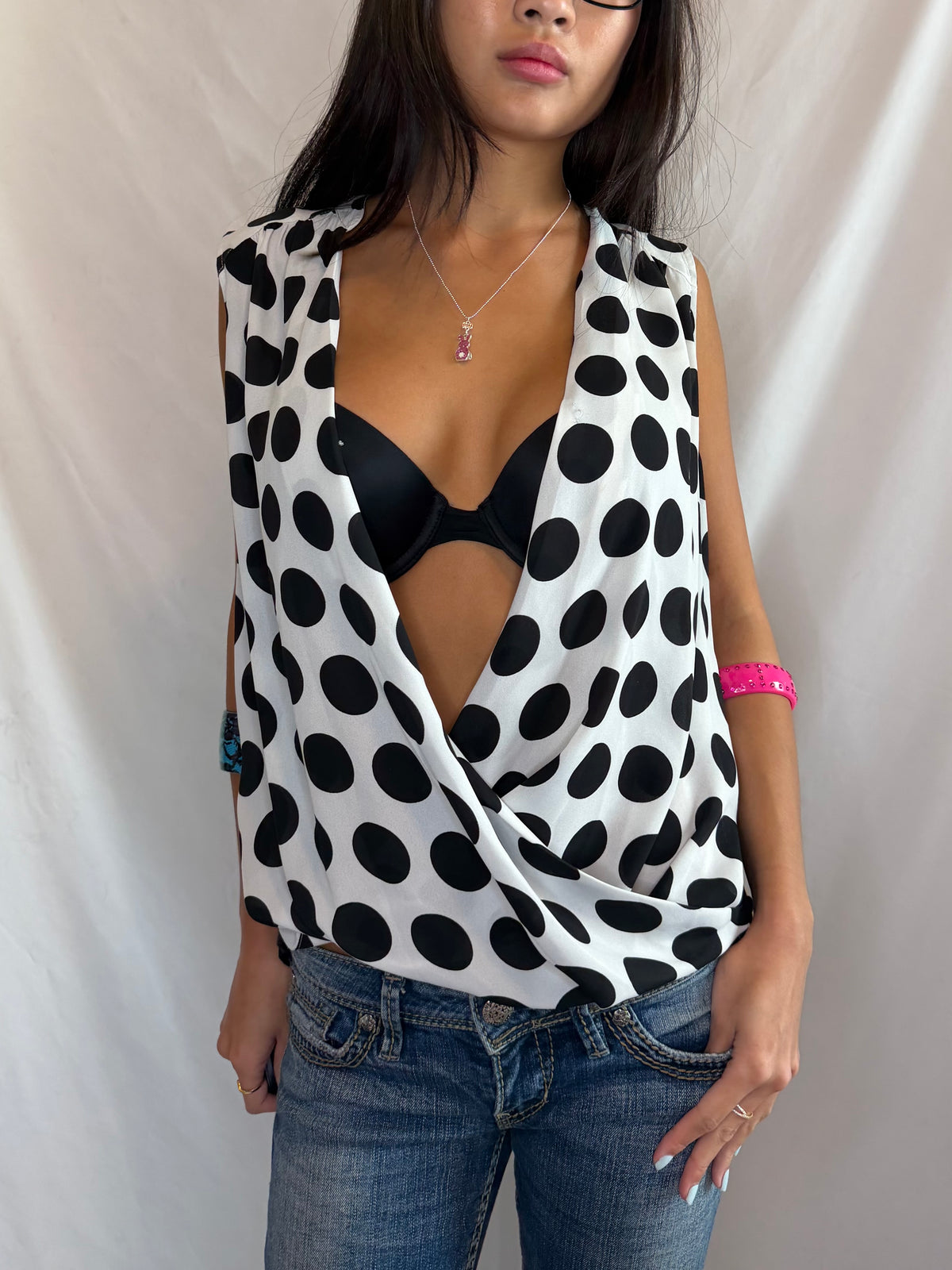 Vintage low draped polka dot top