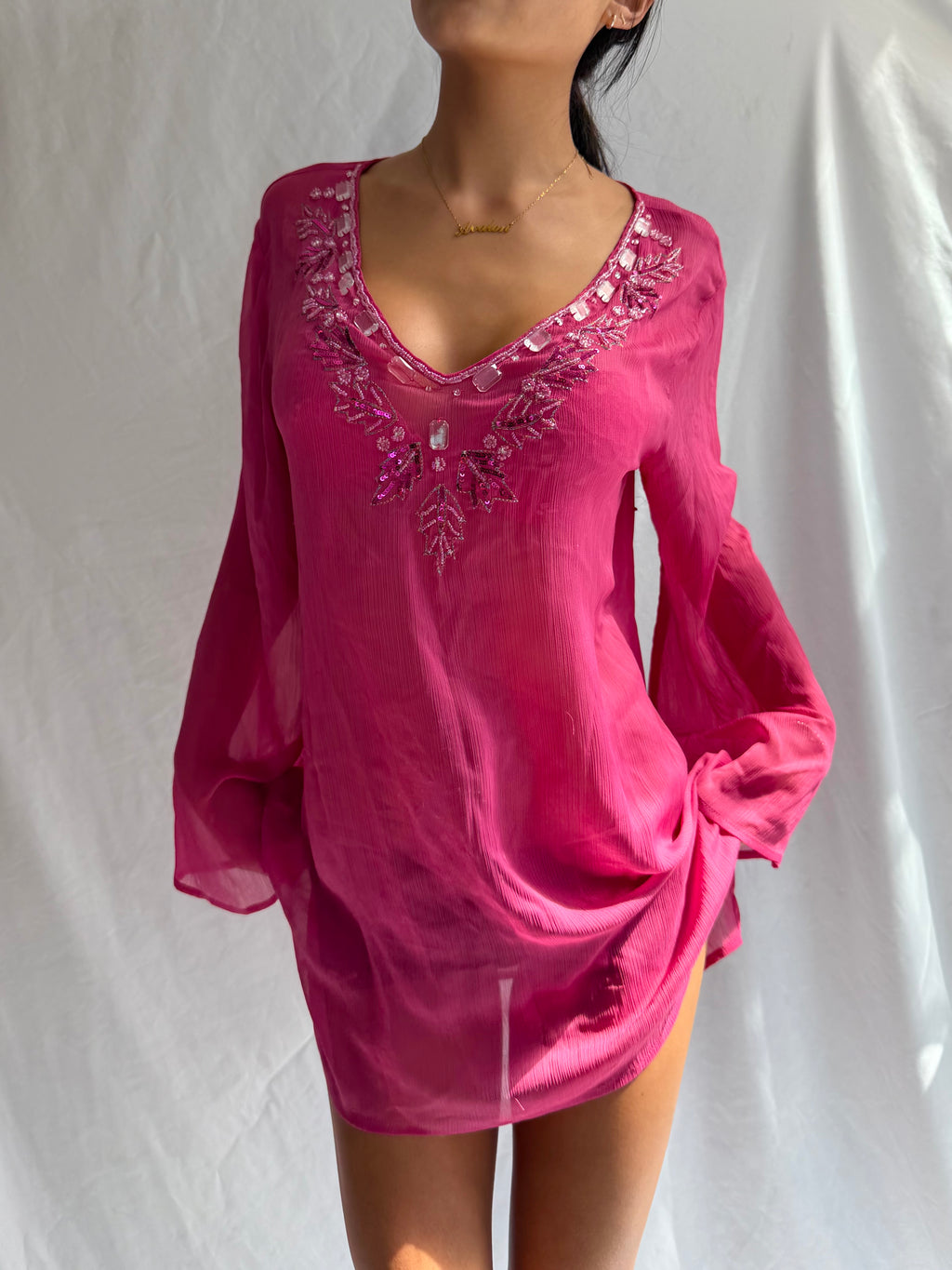 Vintage sheer pink embellished mini dress top