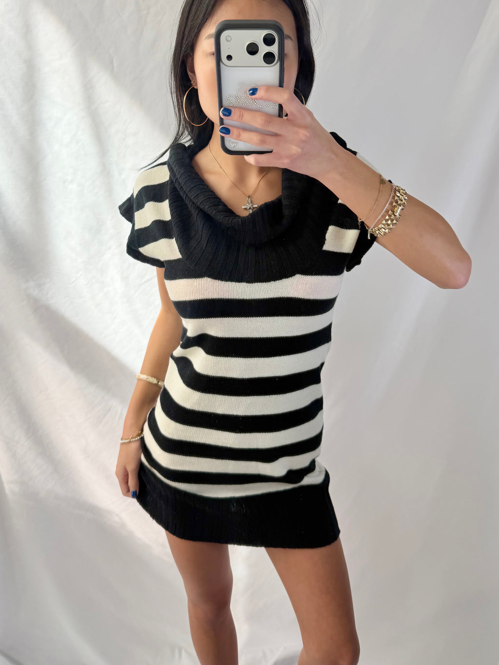 Vintage black & white striped sweater mini dress