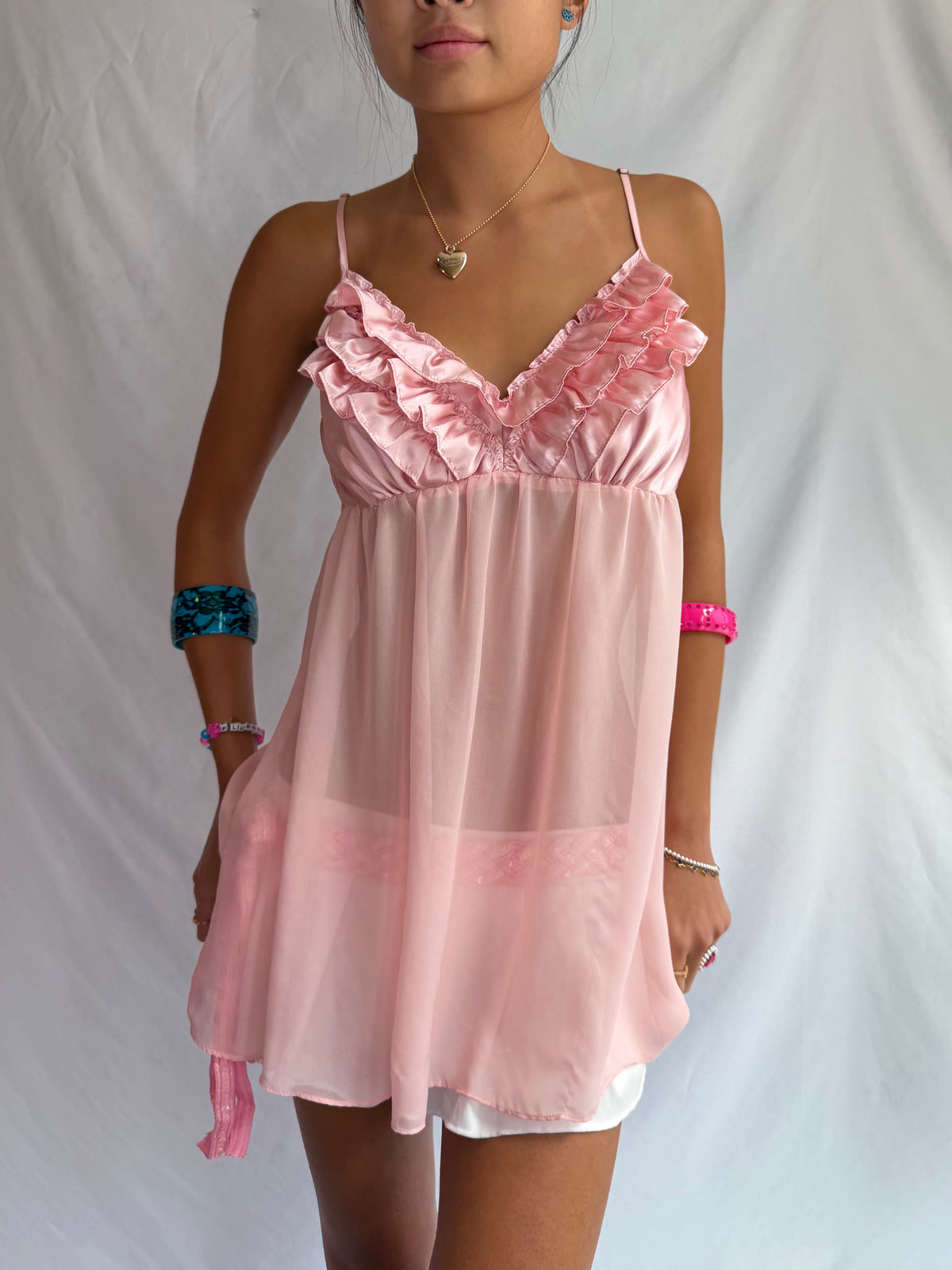 Vintage pink ruffle babydoll cami top