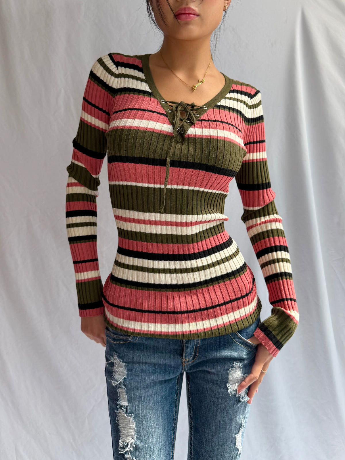 Vintage lace up fitted sweater