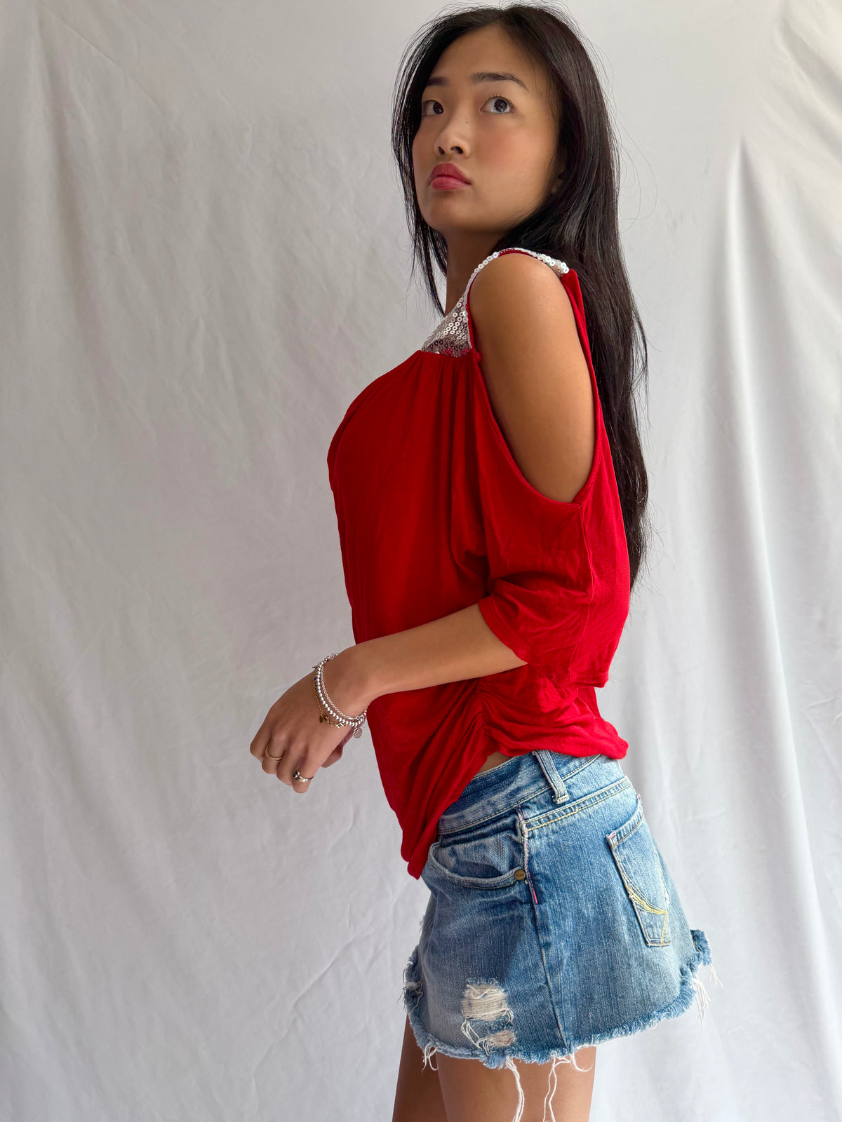 Vintage red sequin off the shoulder top