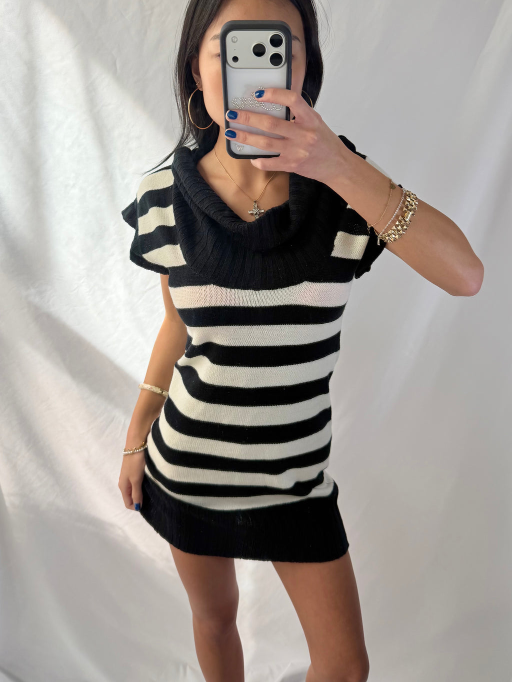 Vintage black & white striped sweater mini dress