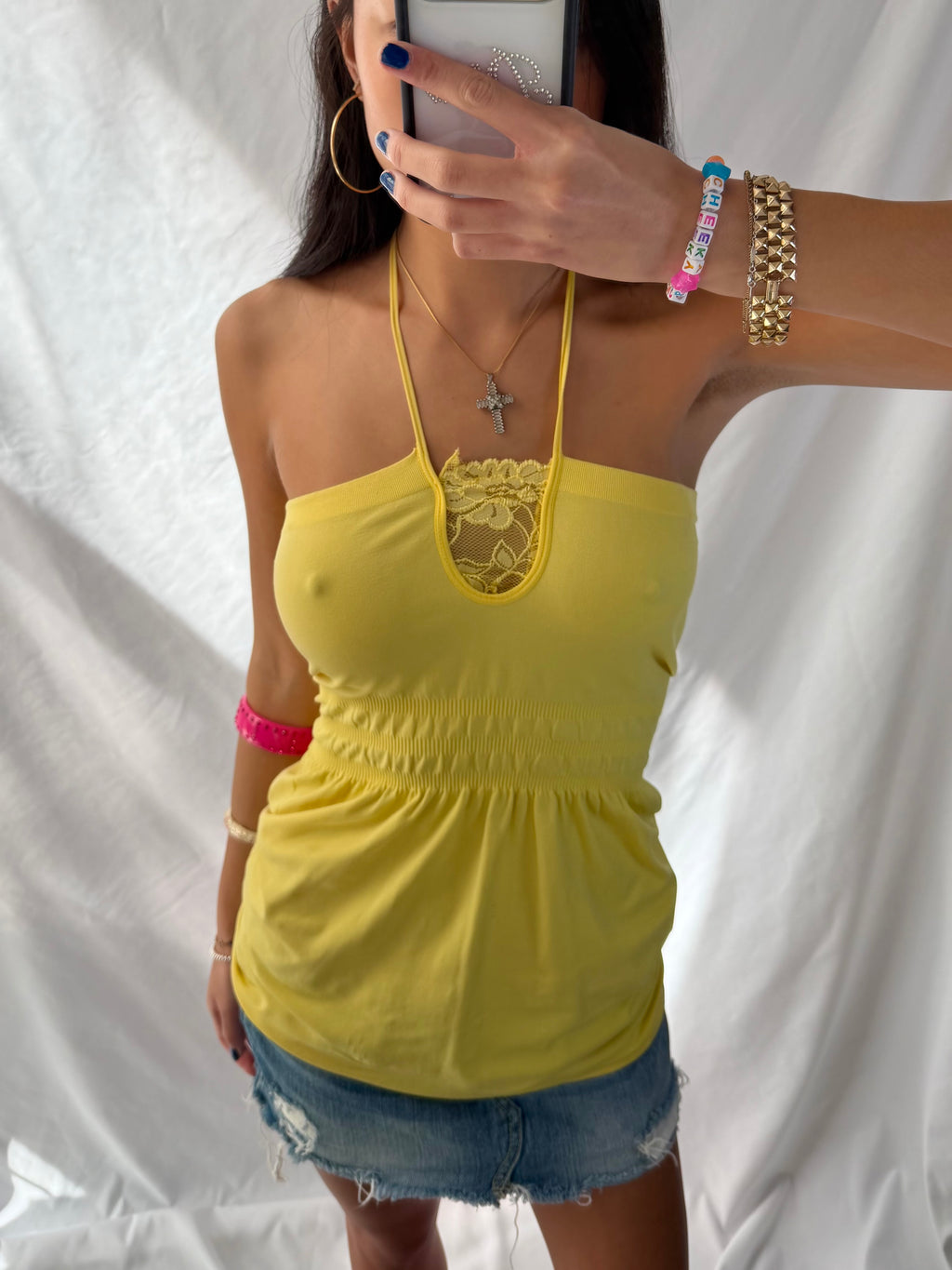 Vintage yellow lace halter top