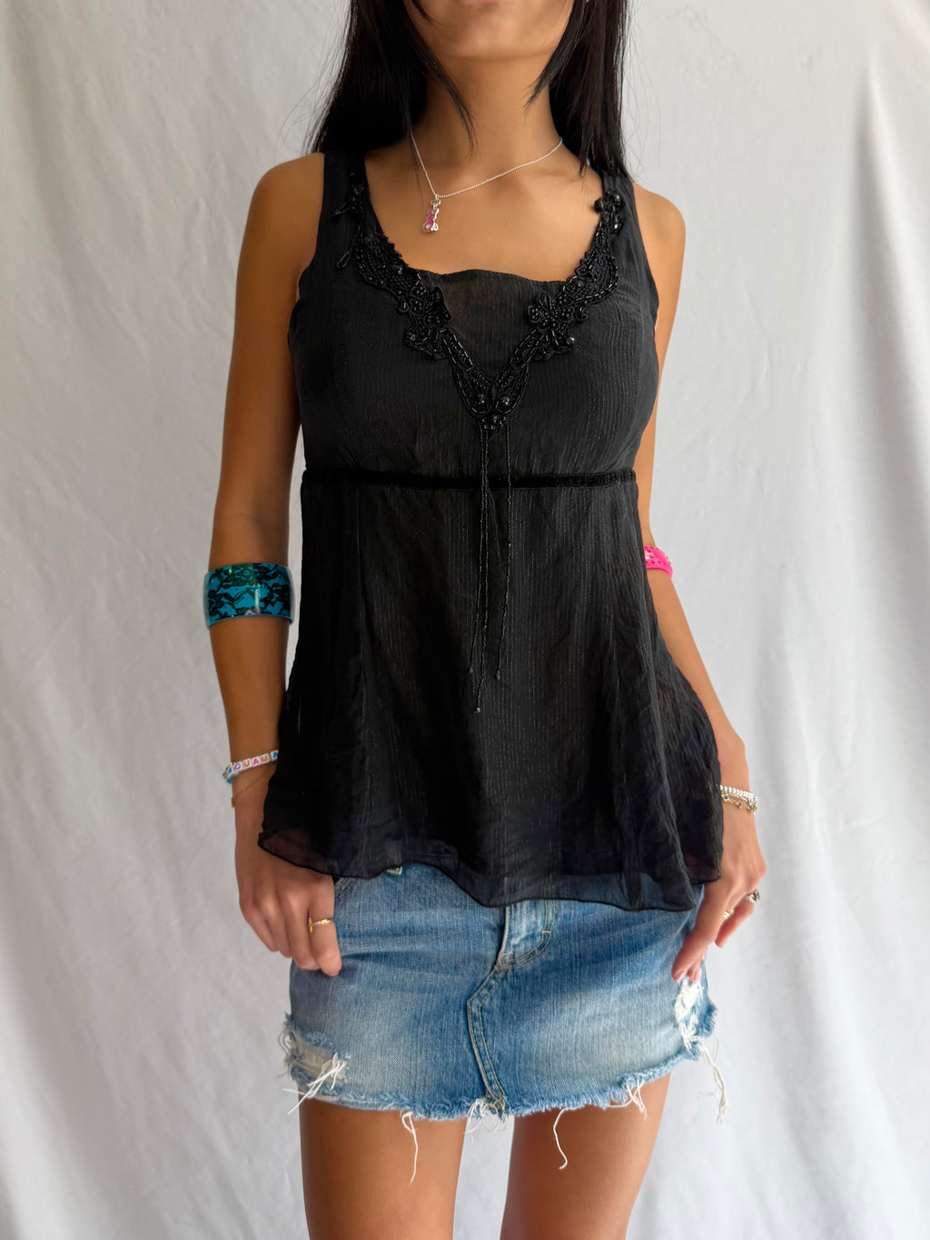 Vintage black embellished tank top
